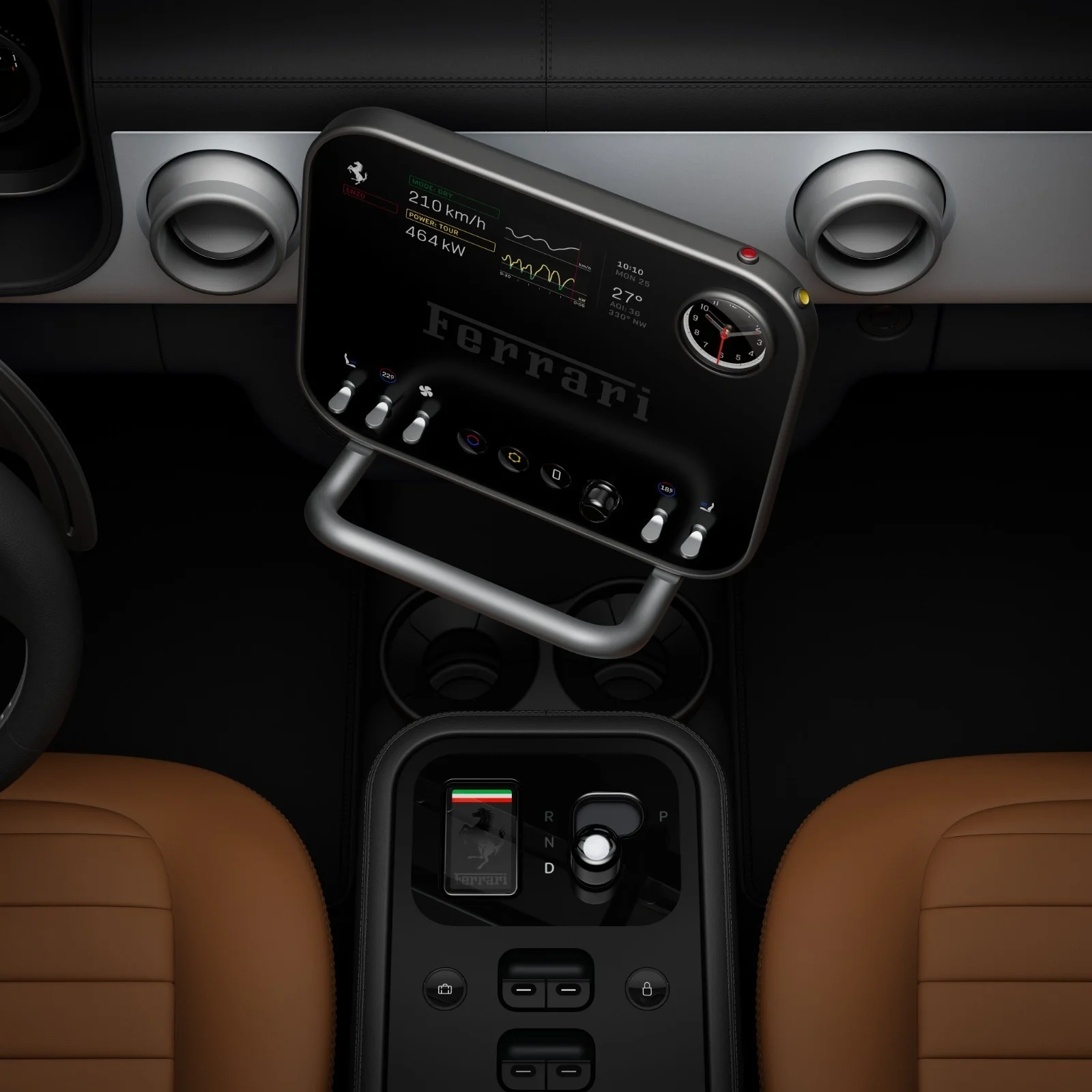Ferrari Luce multigraph display with Ferrari logo, 210 km/h indicator, and analog clock over joystick-type gear selector