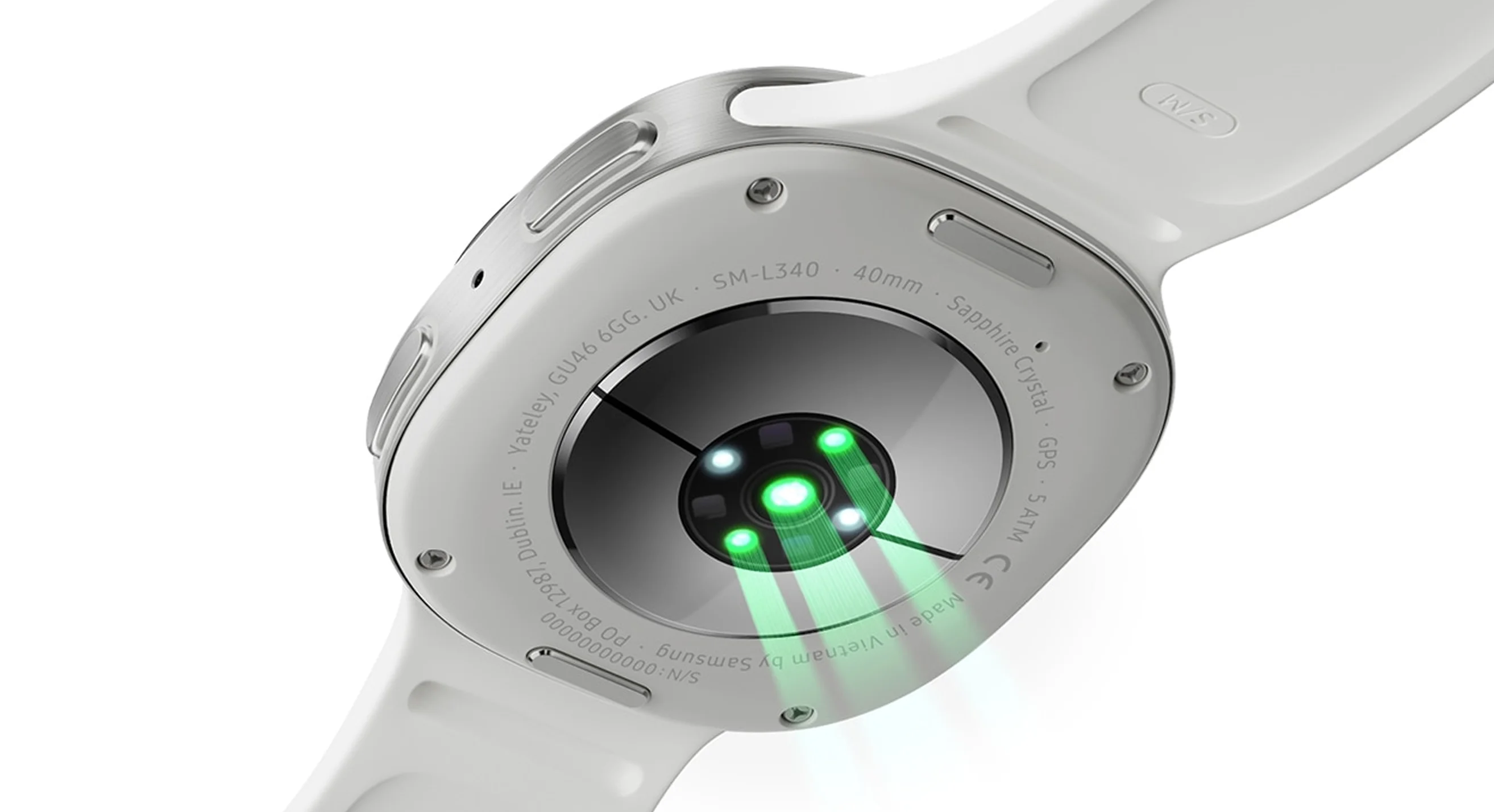 Parte trasera del Galaxy Watch 9 de 40 milímetros con el sensor BioActive y sus LED verdes encendidos