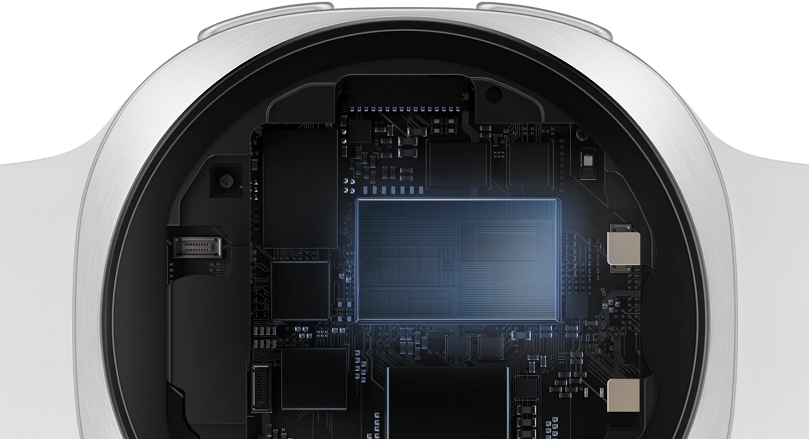 Interior del Galaxy Watch 9 con el chip Snapdragon Wear Elite resaltado en azul sobre la placa