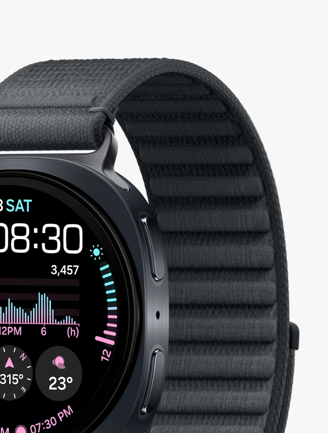 El Galaxy Watch 9 en gris oscuro con correa de tela tejida gris de tipo loop