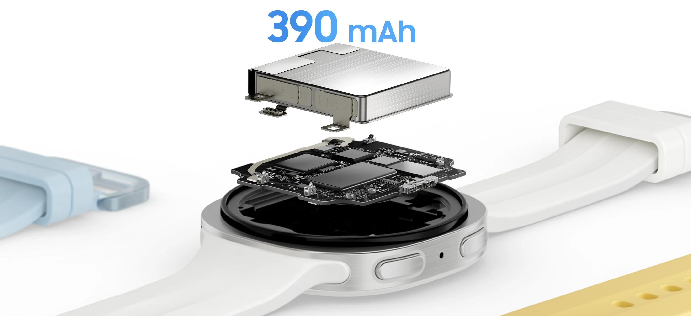 Despiece del Galaxy Watch 9 mostrando la batería de 390 mAh sobre la placa y la caja del reloj