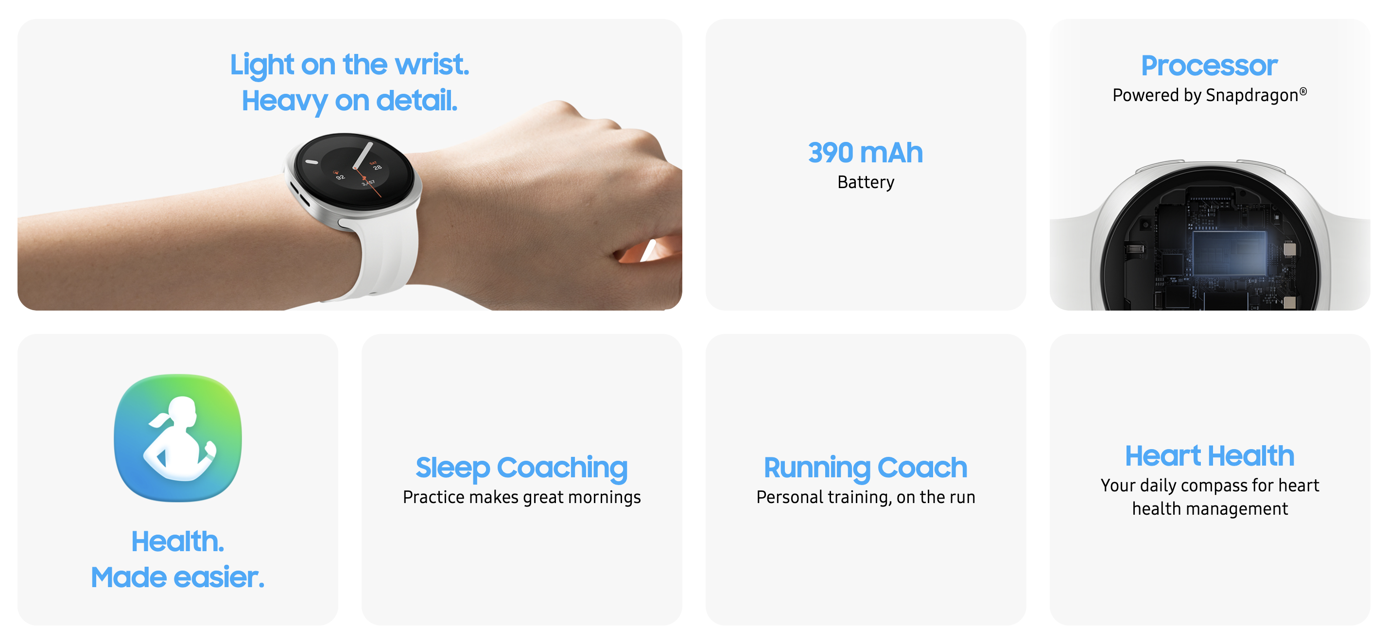 Summary of Galaxy Watch 9 features with battery, processor, sleep coaching, Running Coach, and heart health
