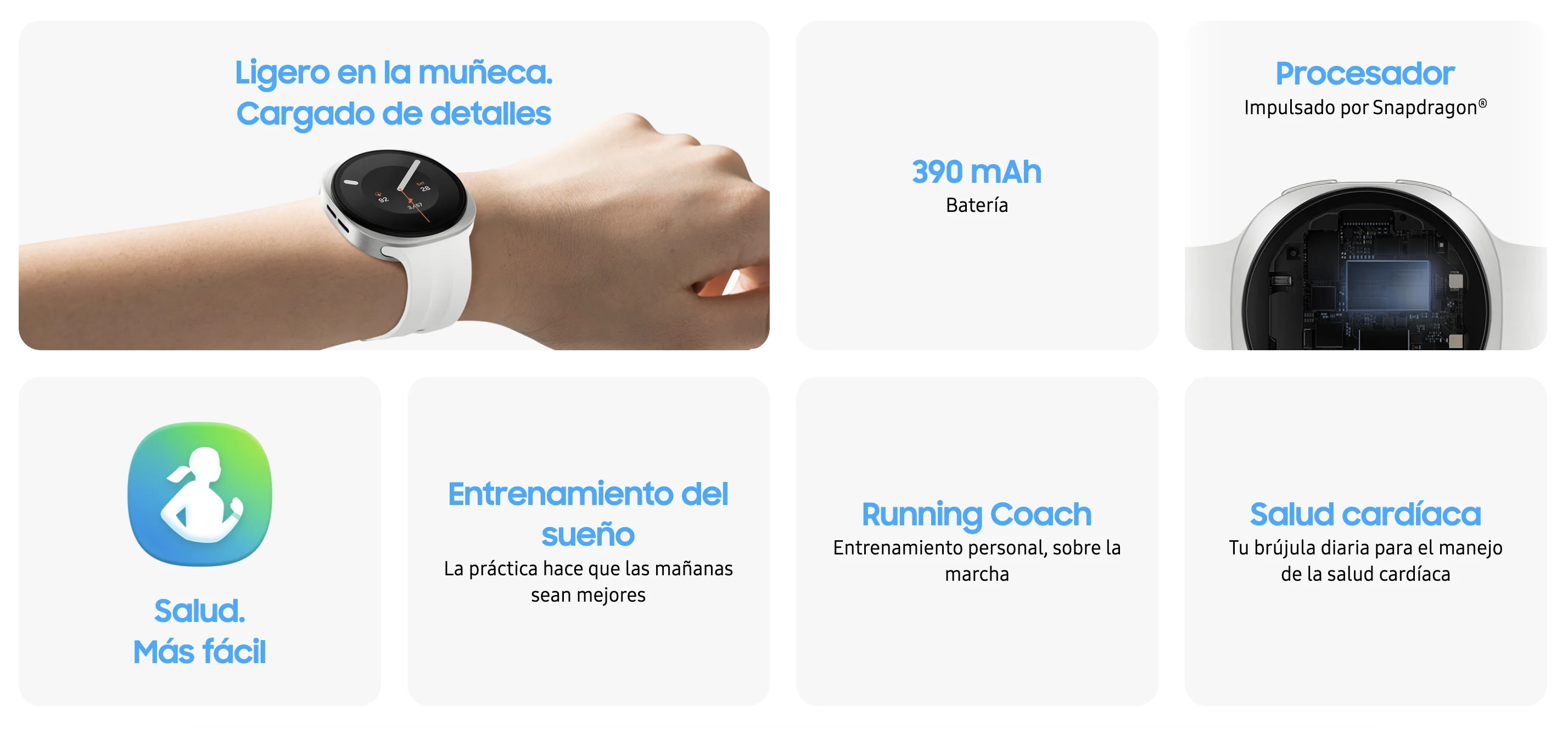 Resumen de funciones del Galaxy Watch 9 con batería, procesador, entrenamiento del sueño, Running Coach y salud cardíaca
