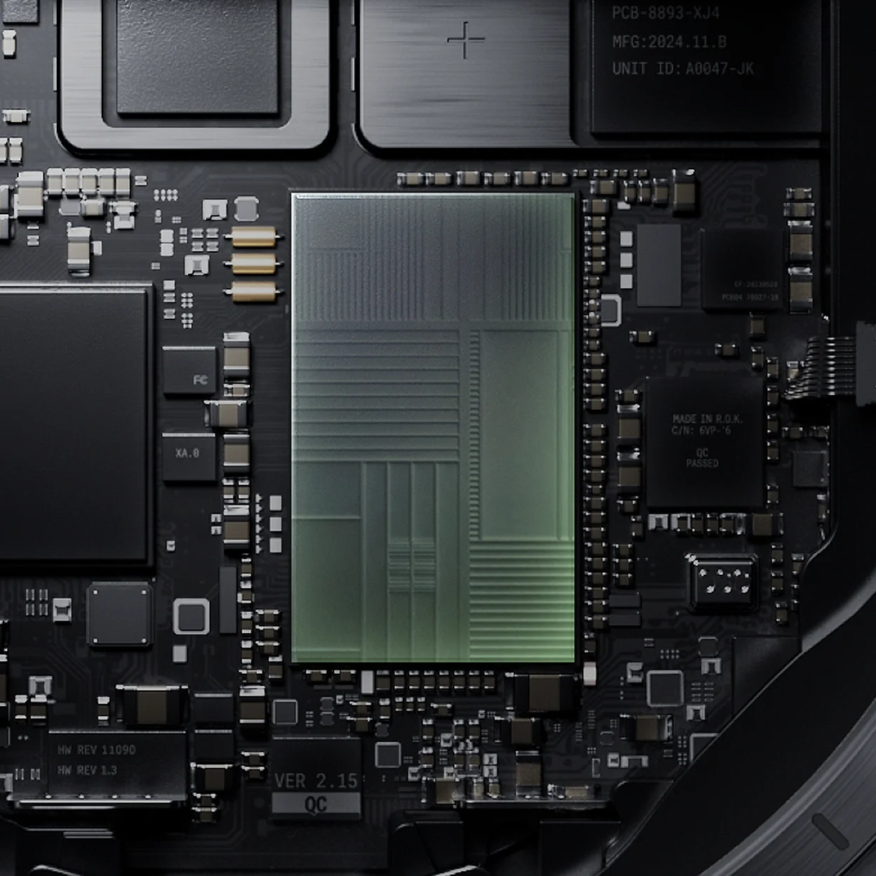 Detalle del chip Snapdragon Wear Elite resaltado en verde sobre la placa del Galaxy Watch Ultra 2