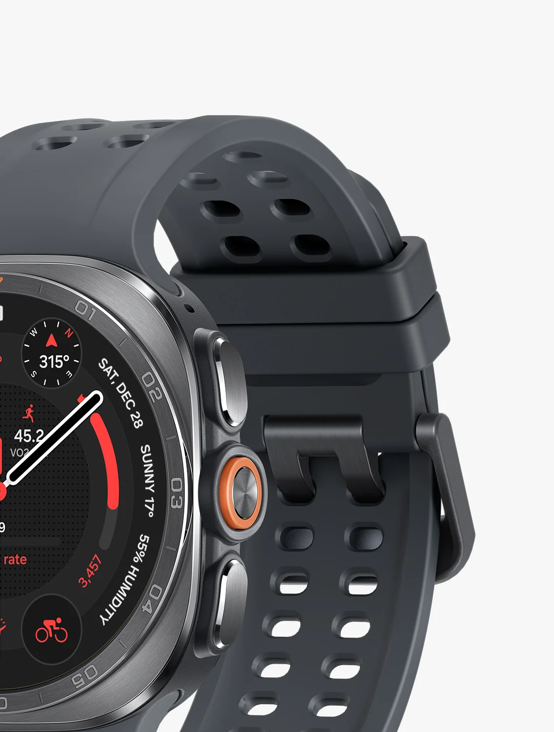 El Galaxy Watch Ultra 2 con correa deportiva de silicona gris perforada, visto de perfil