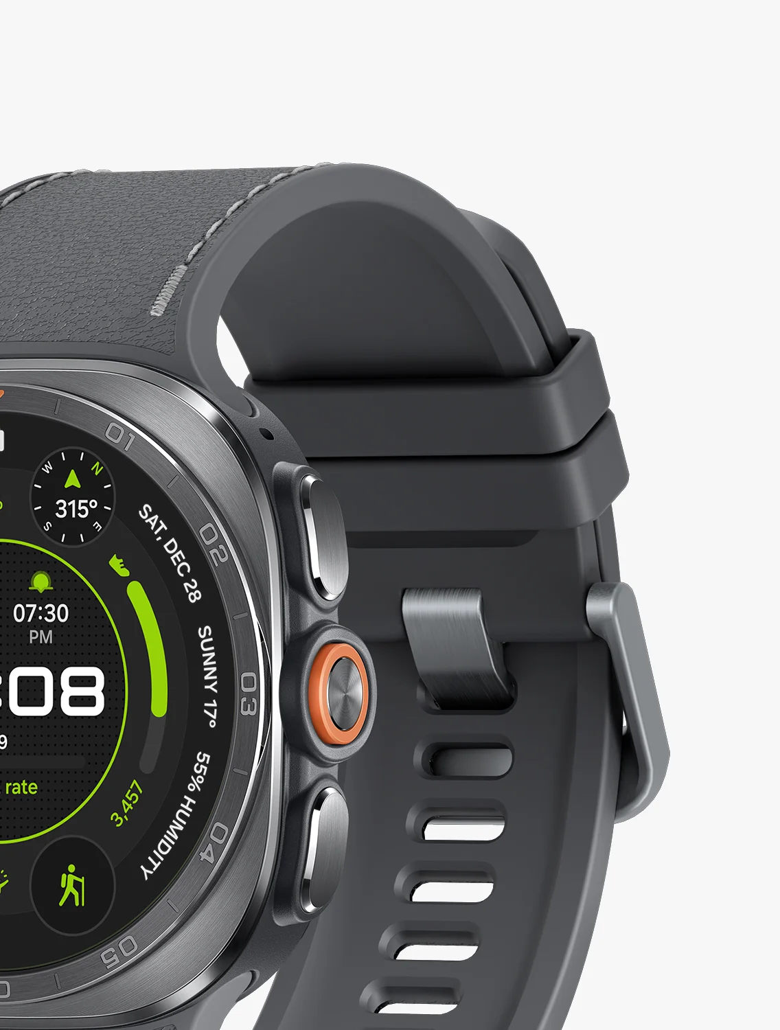 El Galaxy Watch Ultra 2 con correa gris oscura de costura visible junto a la caja de titanio