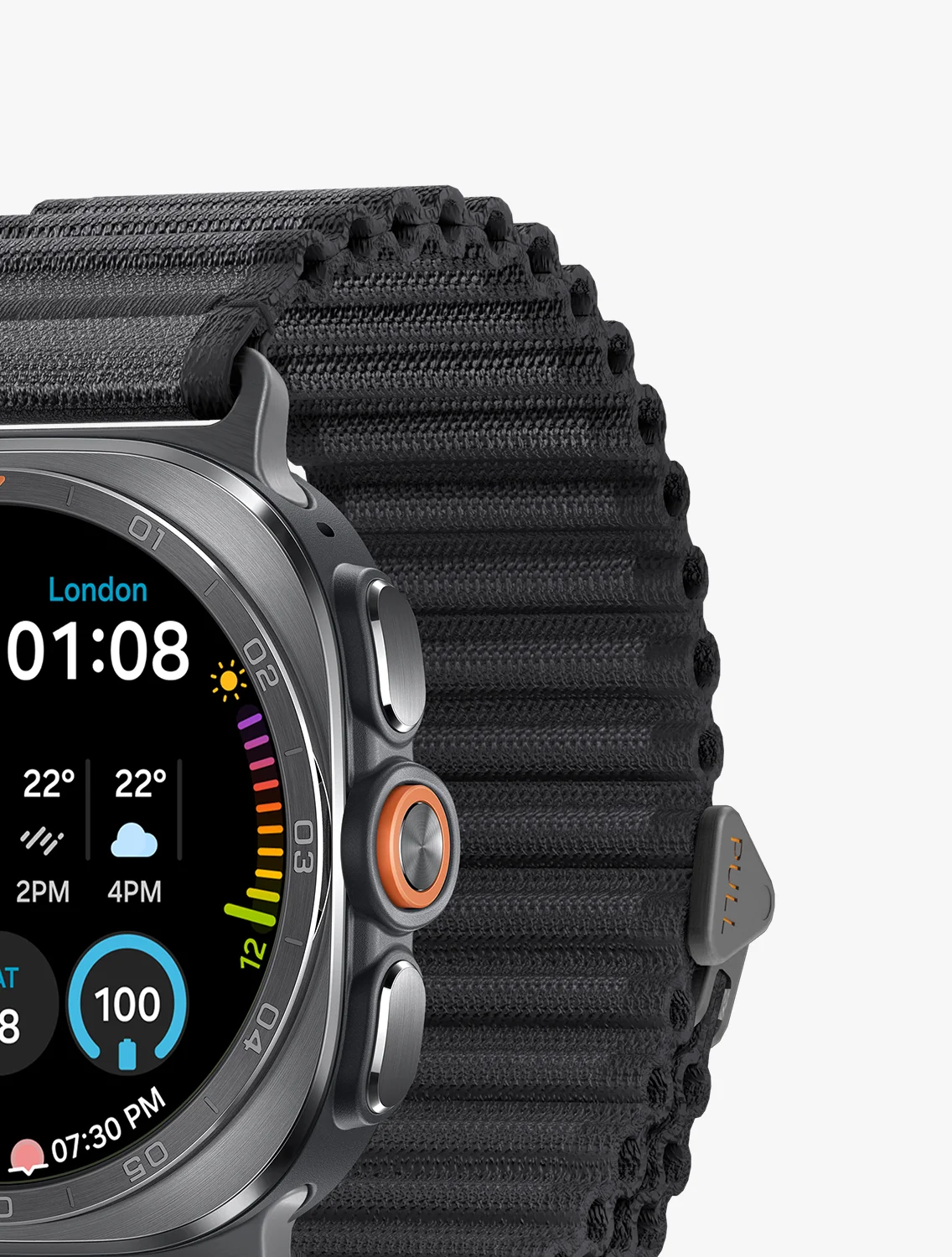 El Galaxy Watch Ultra 2 con correa tejida negra de tipo marine y lengüeta de tiro