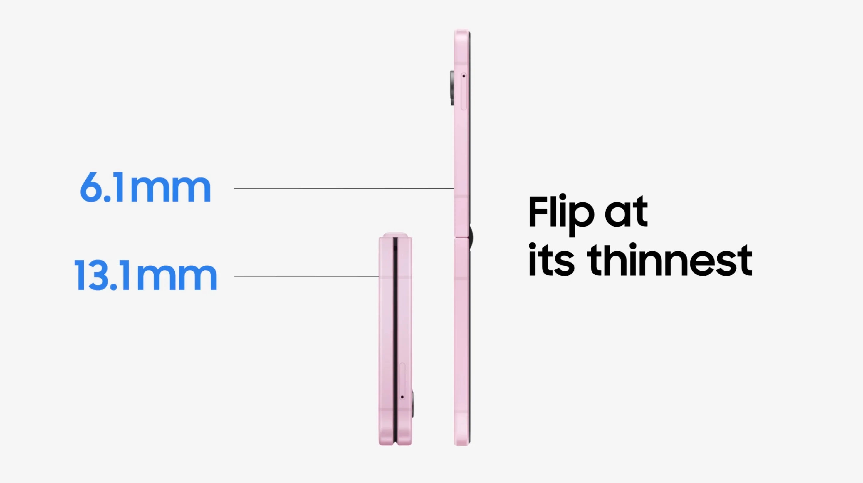 Comparación de perfil del Galaxy Z Flip 8: 6,1 milímetros desplegado y 13,1 milímetros plegado
