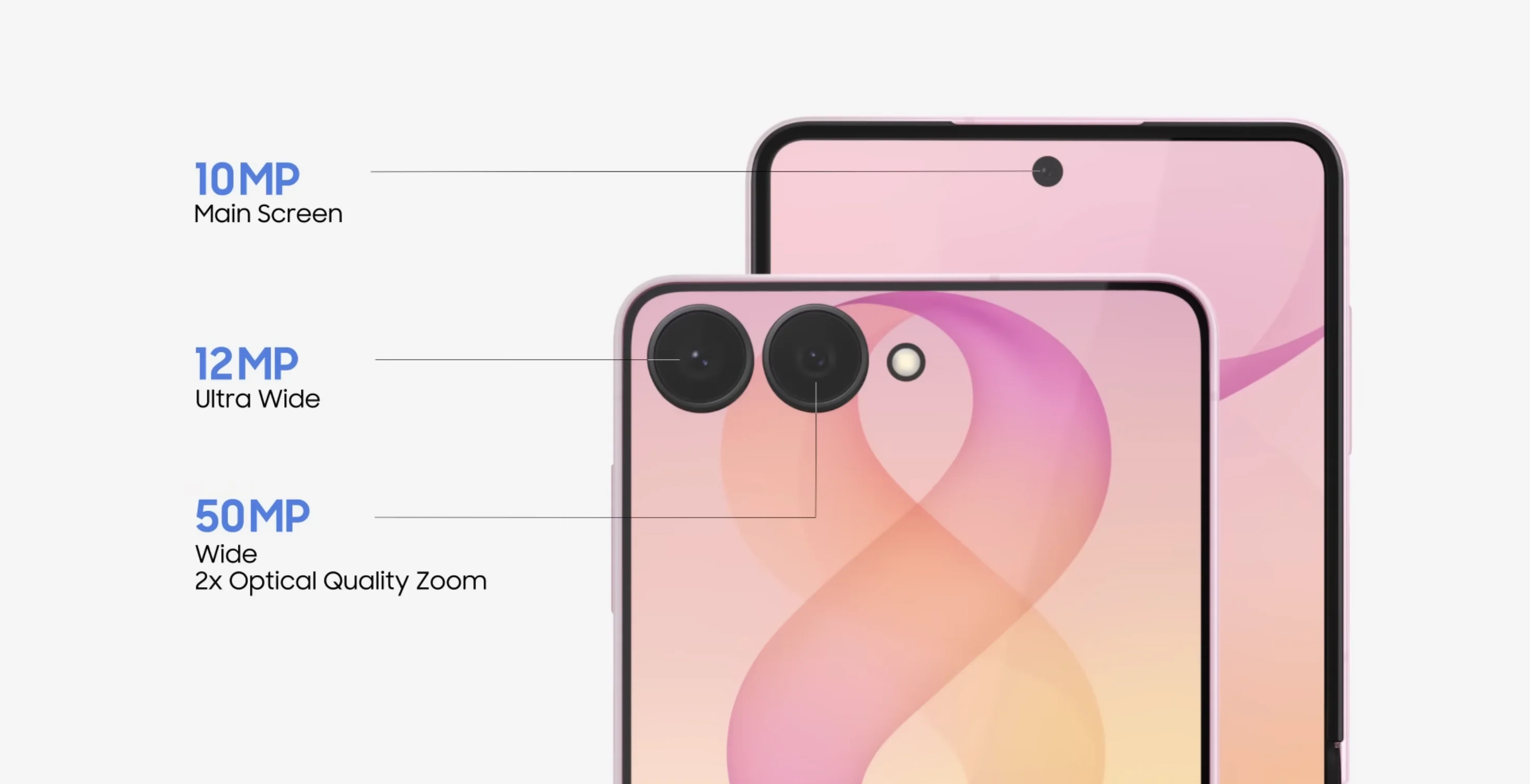 Esquema de las cámaras del Flip 8 con sus resoluciones: 10 MP frontal, 12 MP ultra gran angular y 50 MP principal