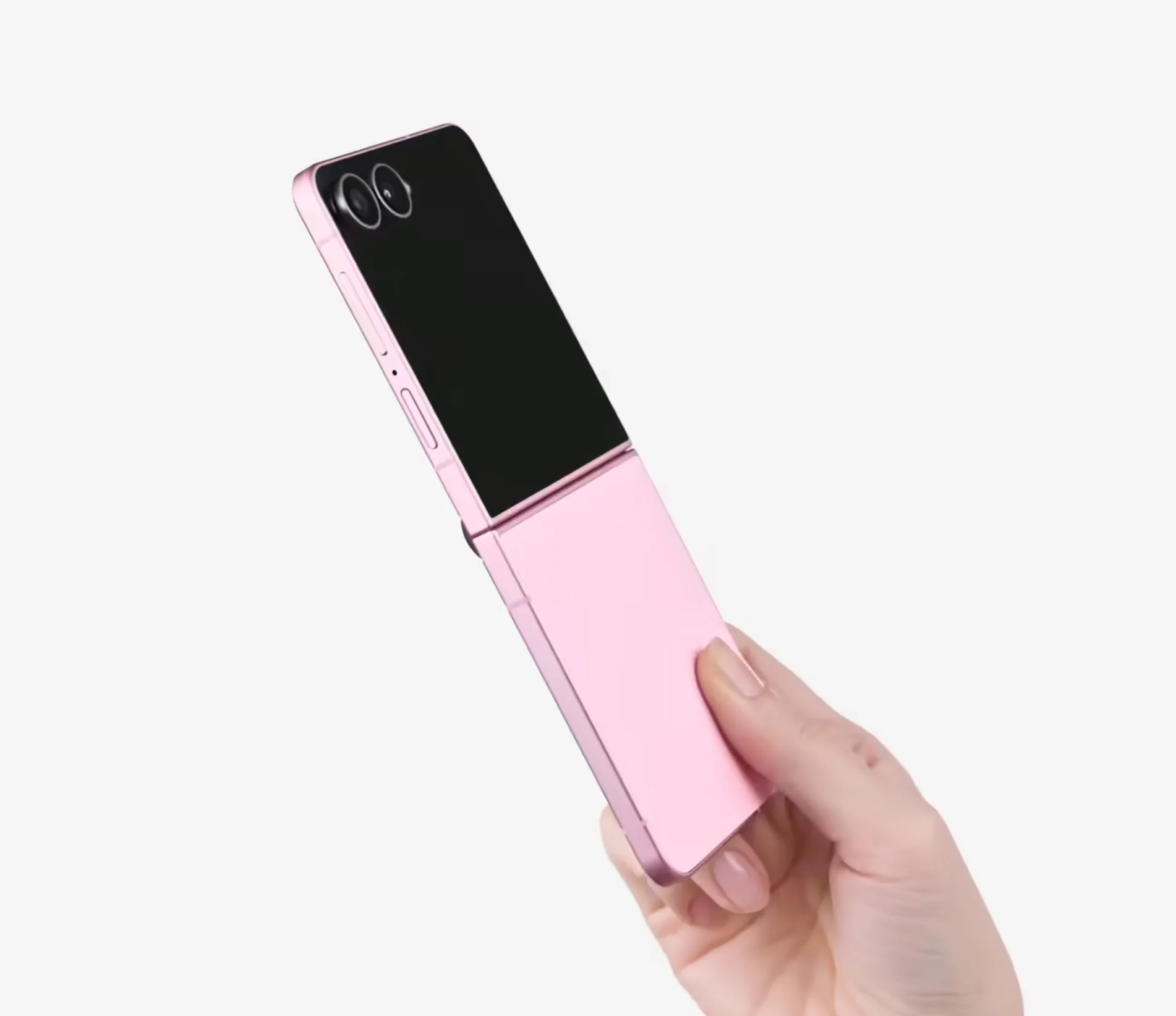 El Galaxy Z Flip 8 rosa completamente abierto en la mano, visto por la parte trasera
