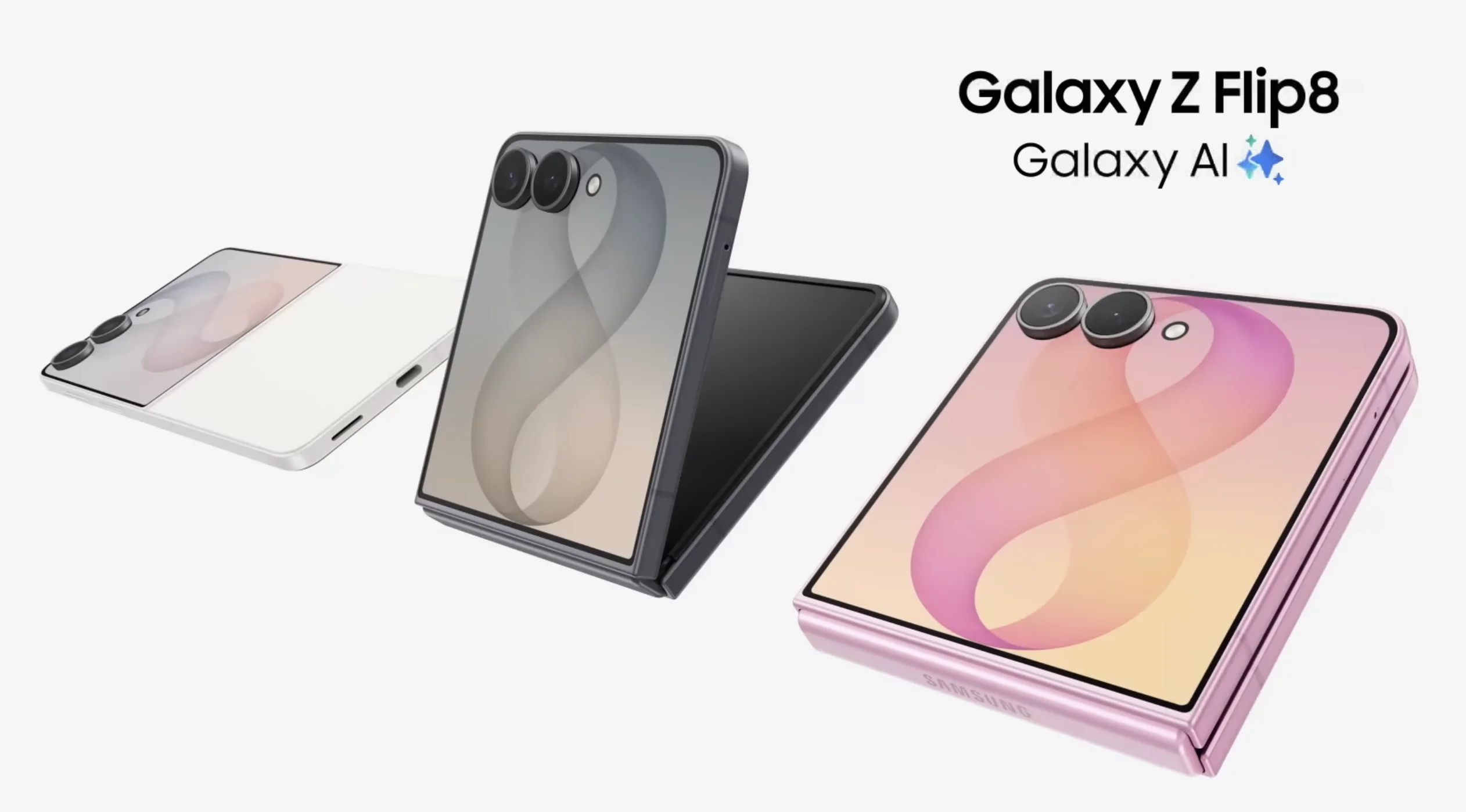 Tres unidades del Galaxy Z Flip 8 en blanco, gris y rosa, dos cerradas y una entreabierta