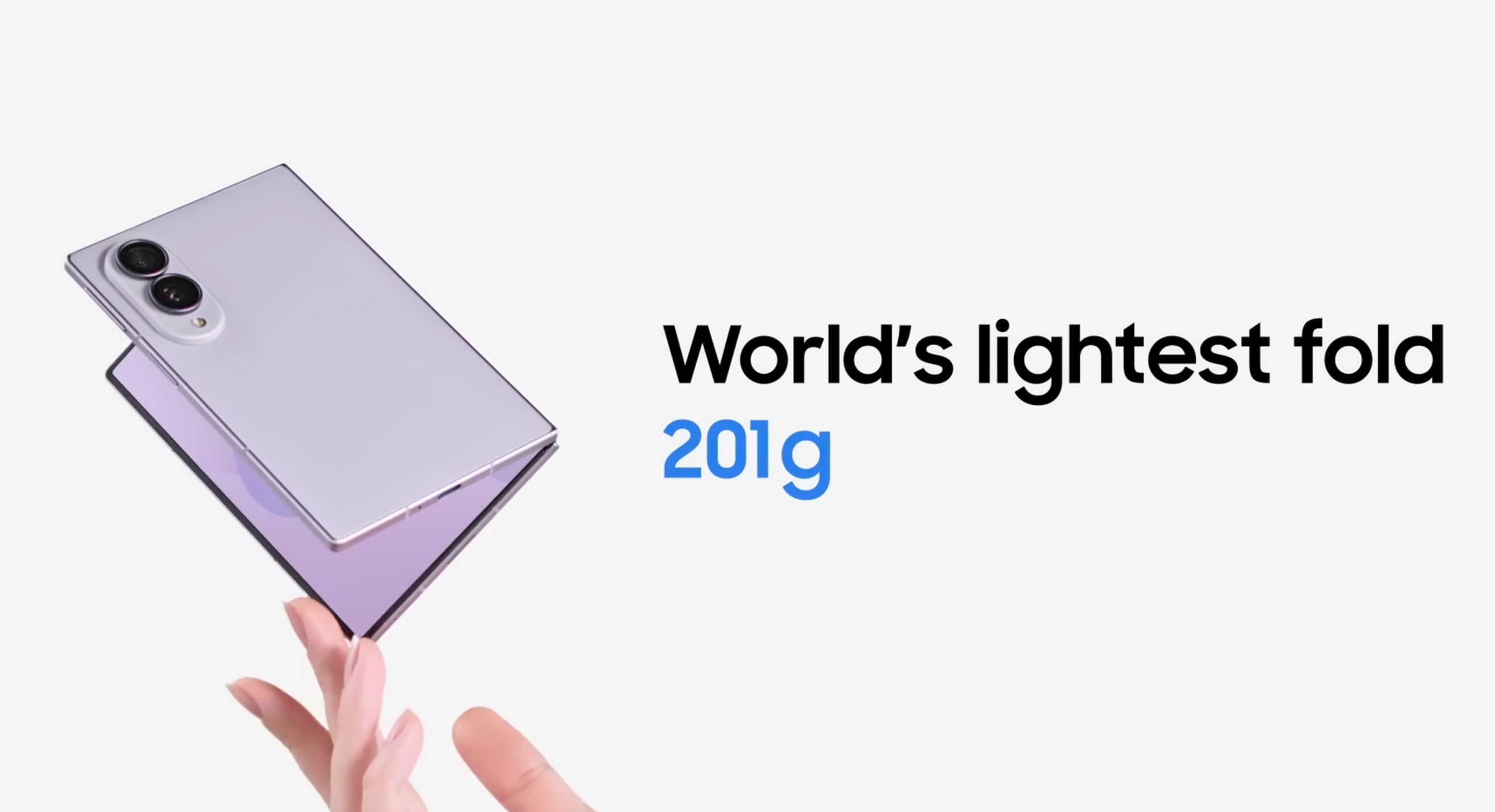 El Galaxy Z Fold 8 flotando sobre una mano junto al dato de 201 gramos