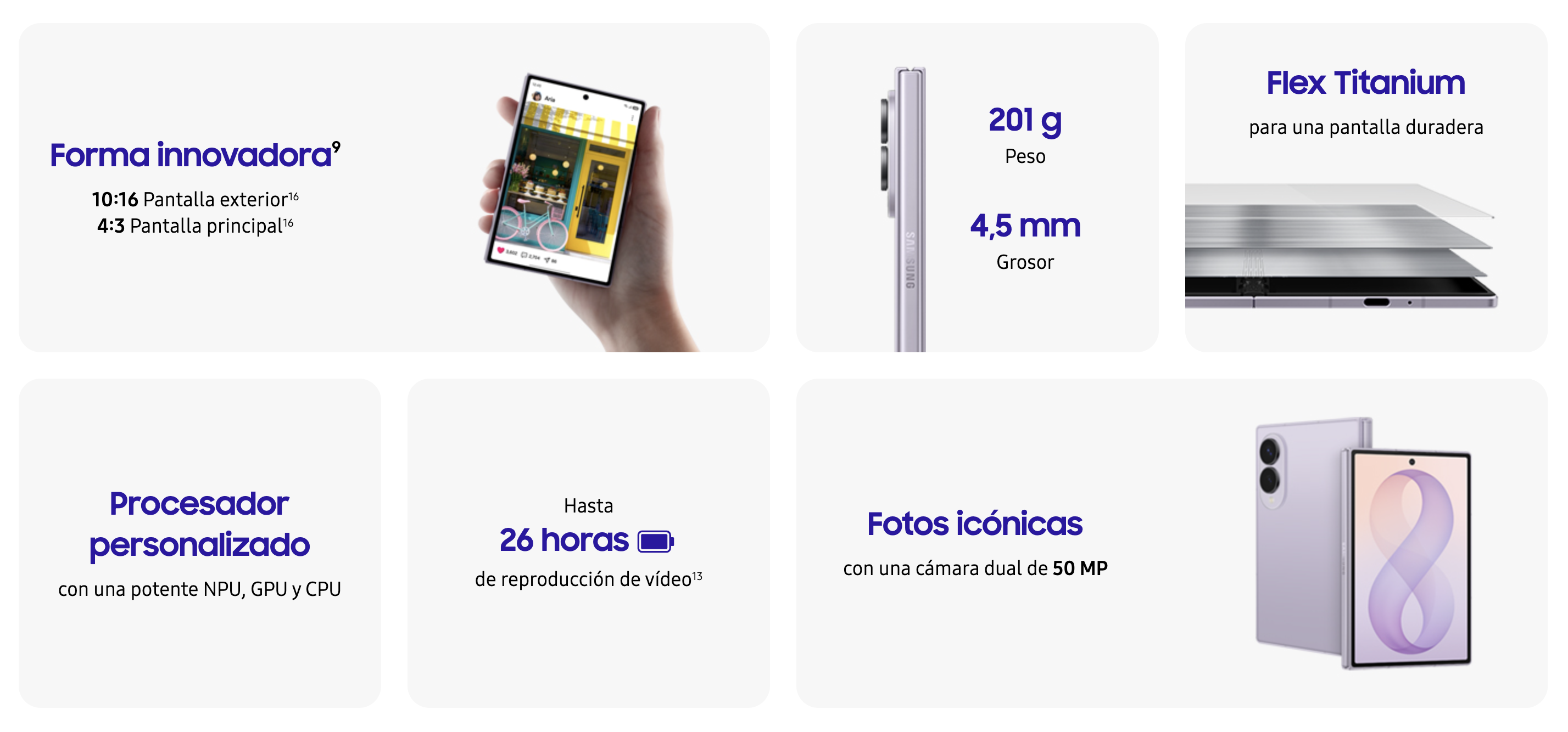 Resumen de specs oficiales del Galaxy Z Fold 8: 201 gramos, 4,5 milímetros, Flex Titanium y cámara dual de 50 MP