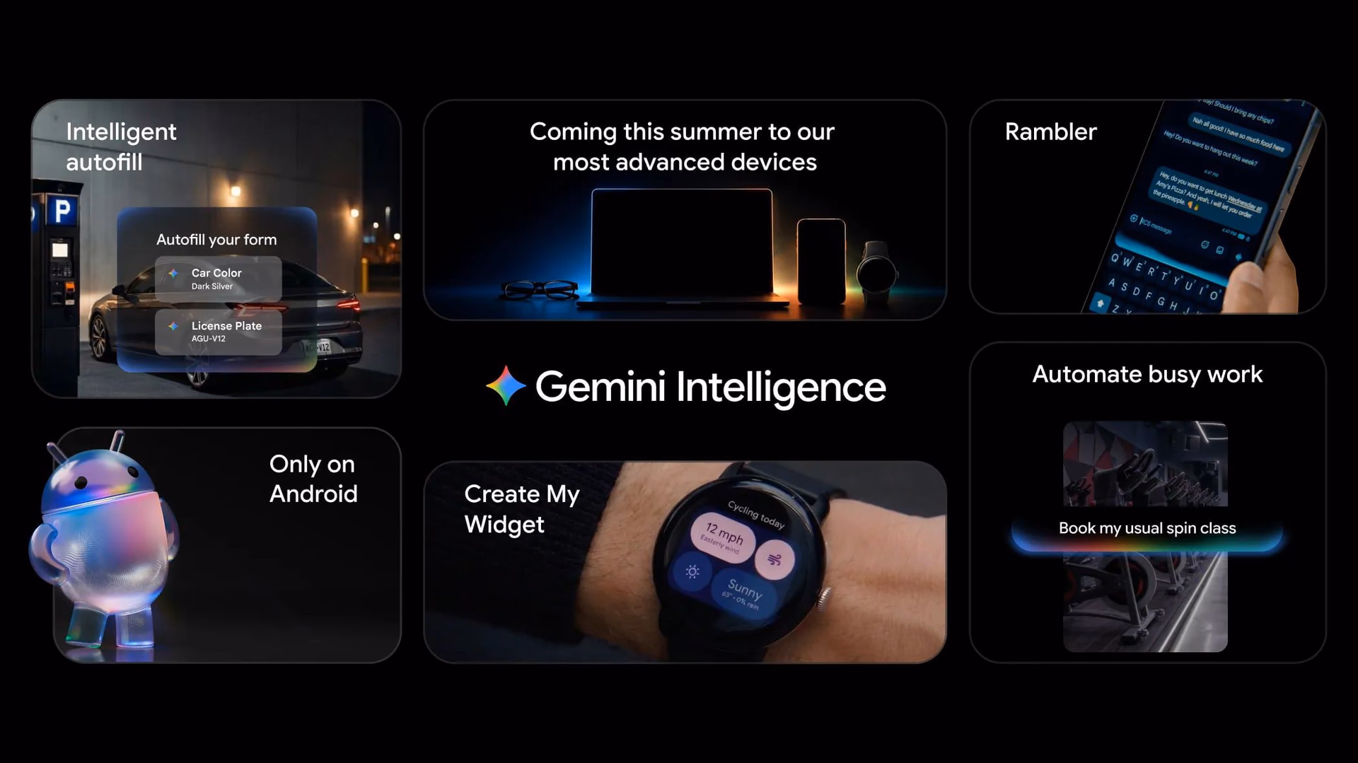 Mosaico de funciones de Gemini Intelligence: autocompletado inteligente, Rambler, Create My Widget y automatización de tareas