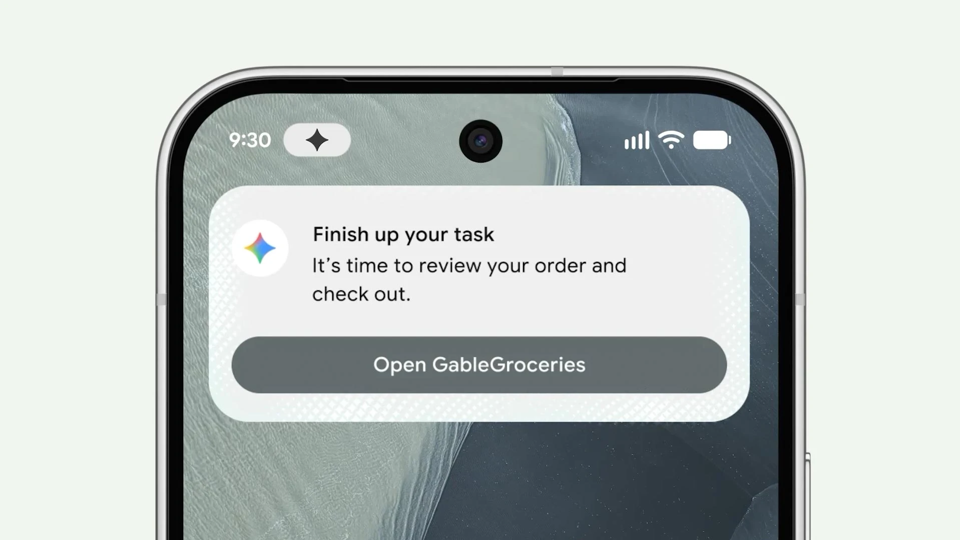 Notificación de Gemini que avisa que el pedido está listo para revisar y abre la app de compras