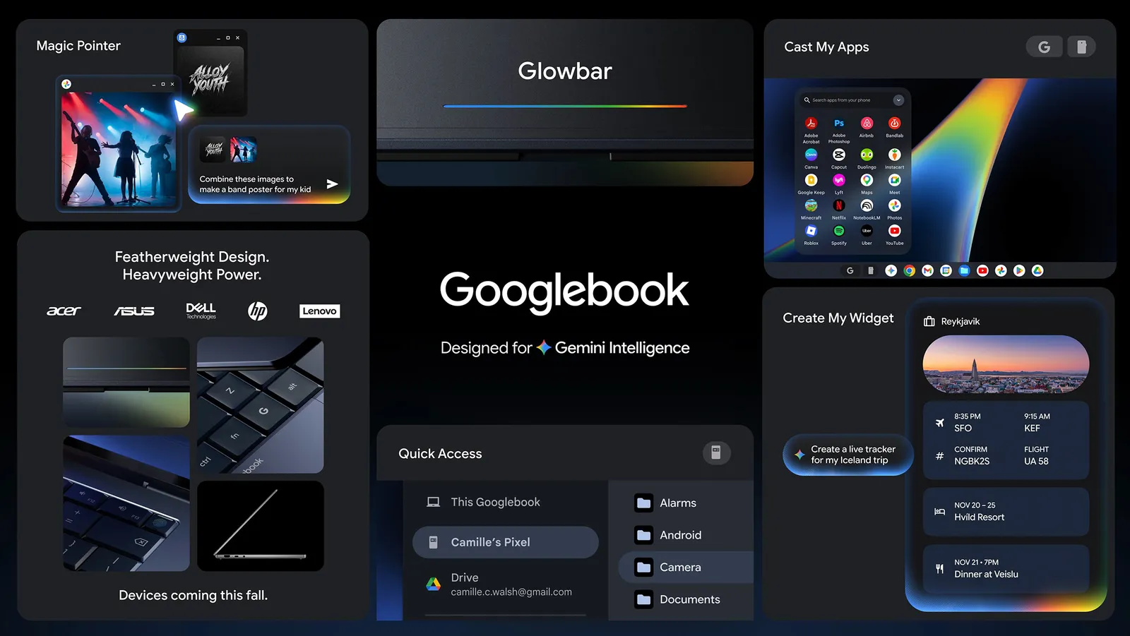 Google's official mosaic presenting the Googlebook with its five signature features labeled: Magic Pointer, Glowbar, Cast My Apps, Quick Access, and Create My Widget, on a black background.