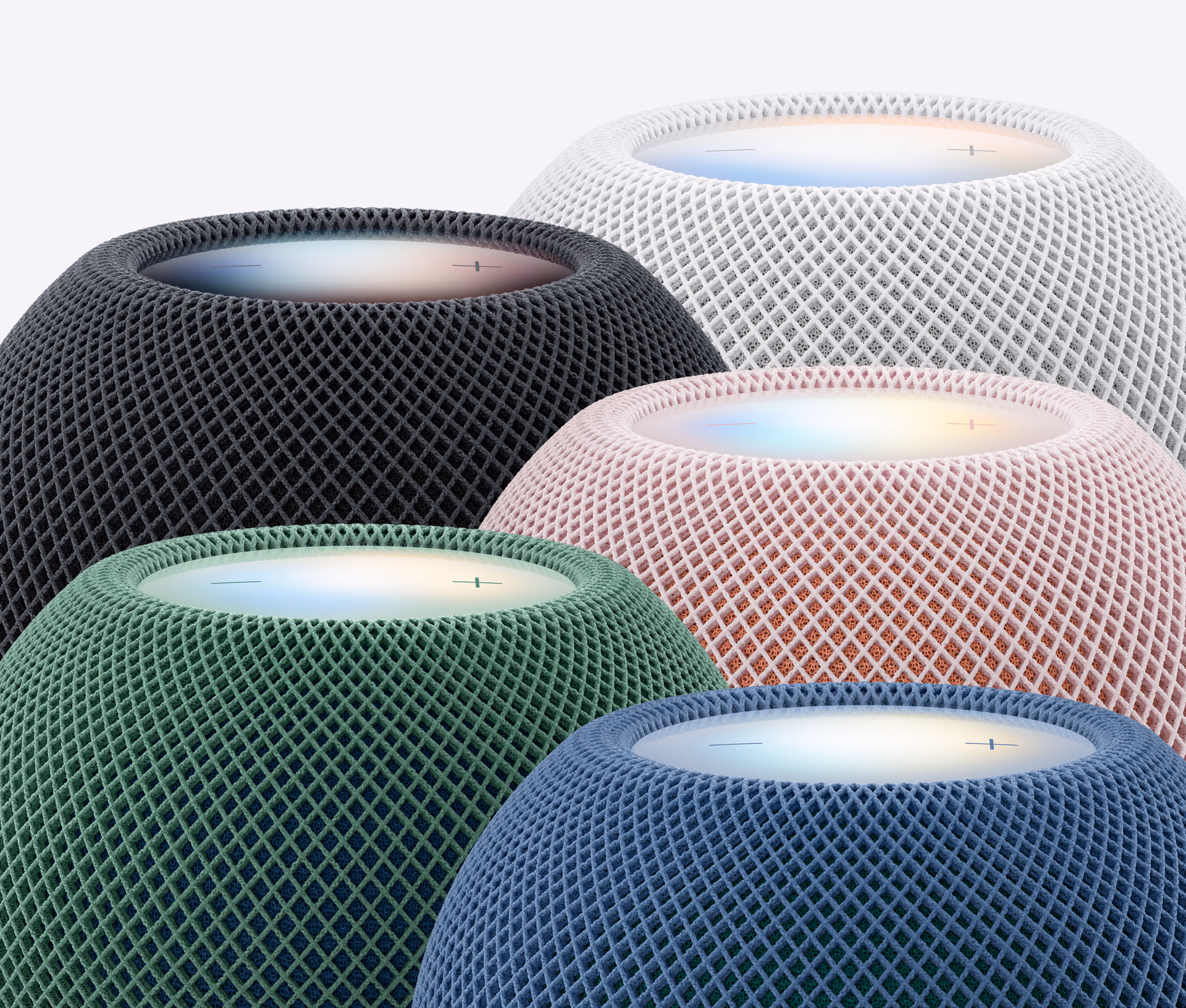 Top surfaces of HomePod mini 2 in five colors