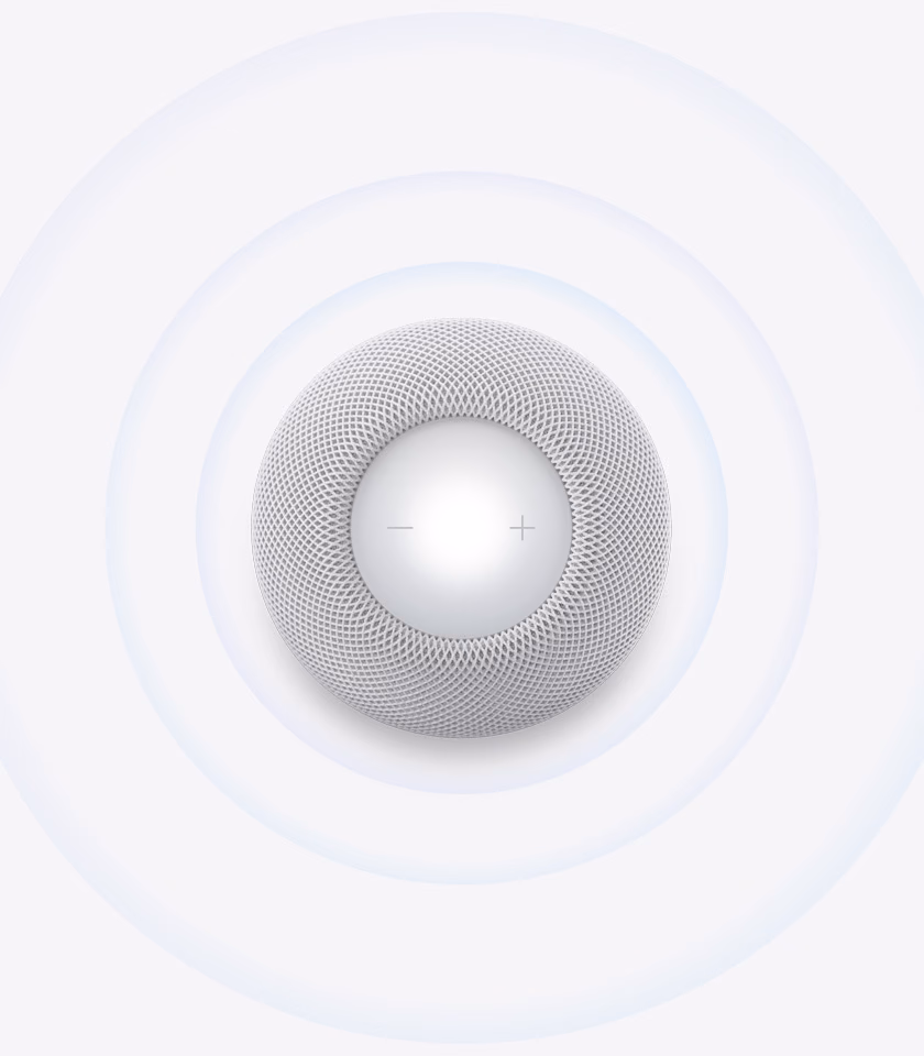 White HomePod mini 2 surrounded by sound waves