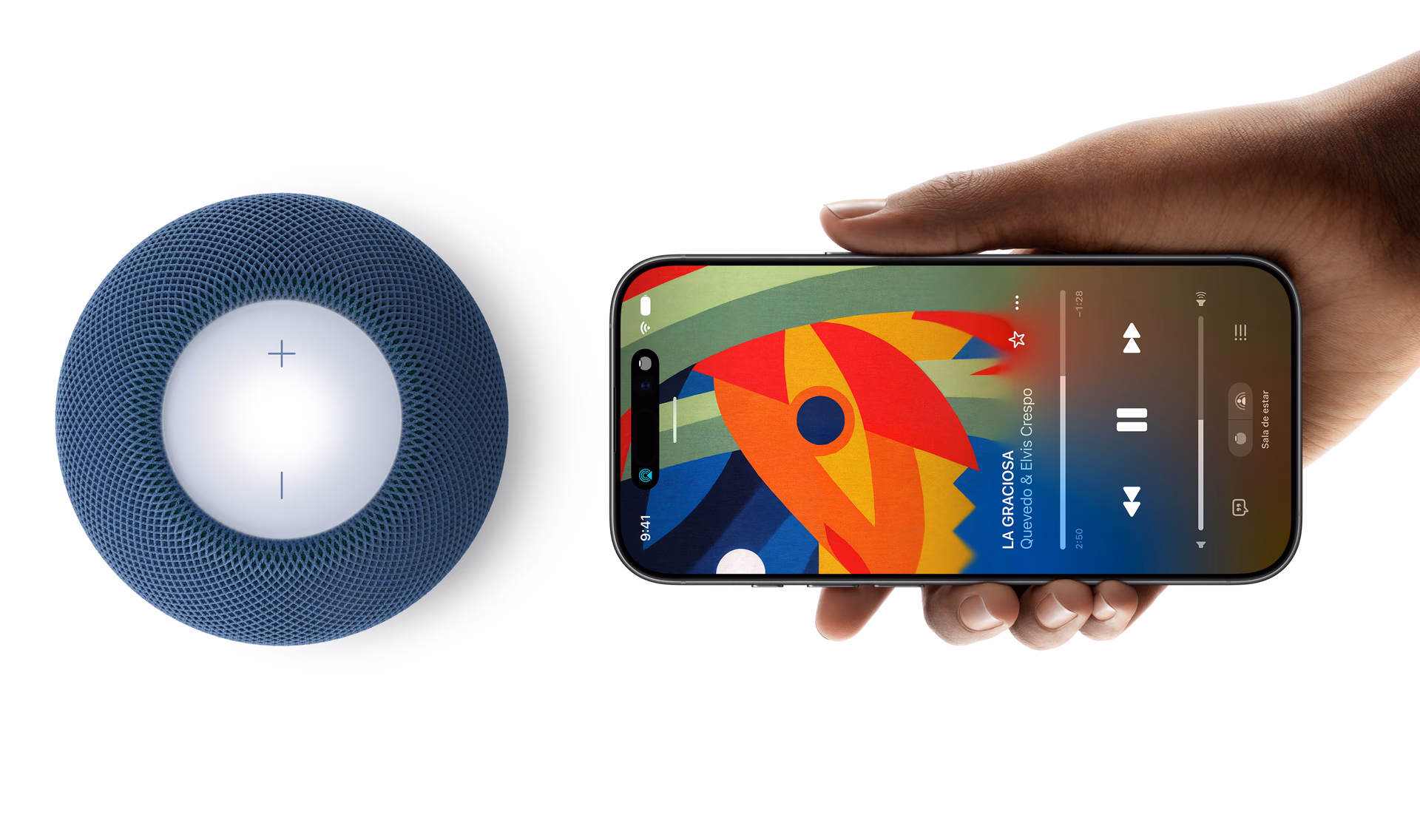 iPhone next to a blue HomePod mini 2