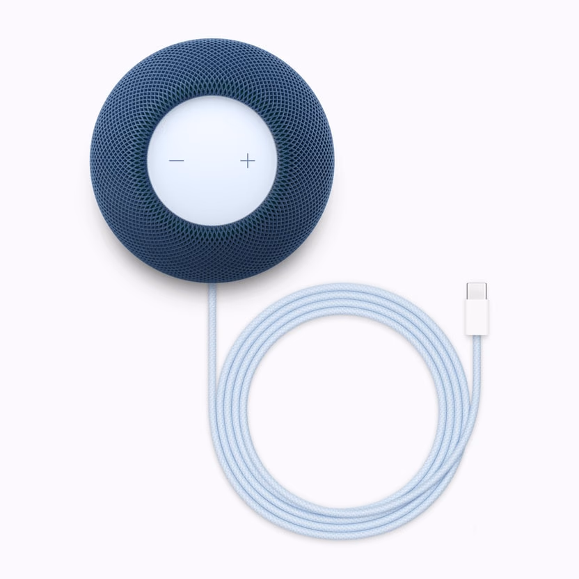 Blue HomePod mini 2 seen from above with cable