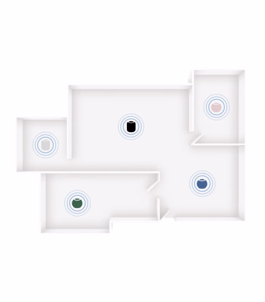 Floor plan of a house with HomePod speakers
