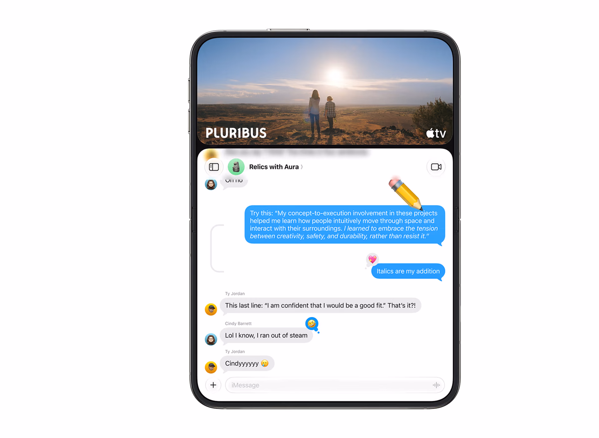 iPhone Duo vertical con video arriba y Mensajes debajo
