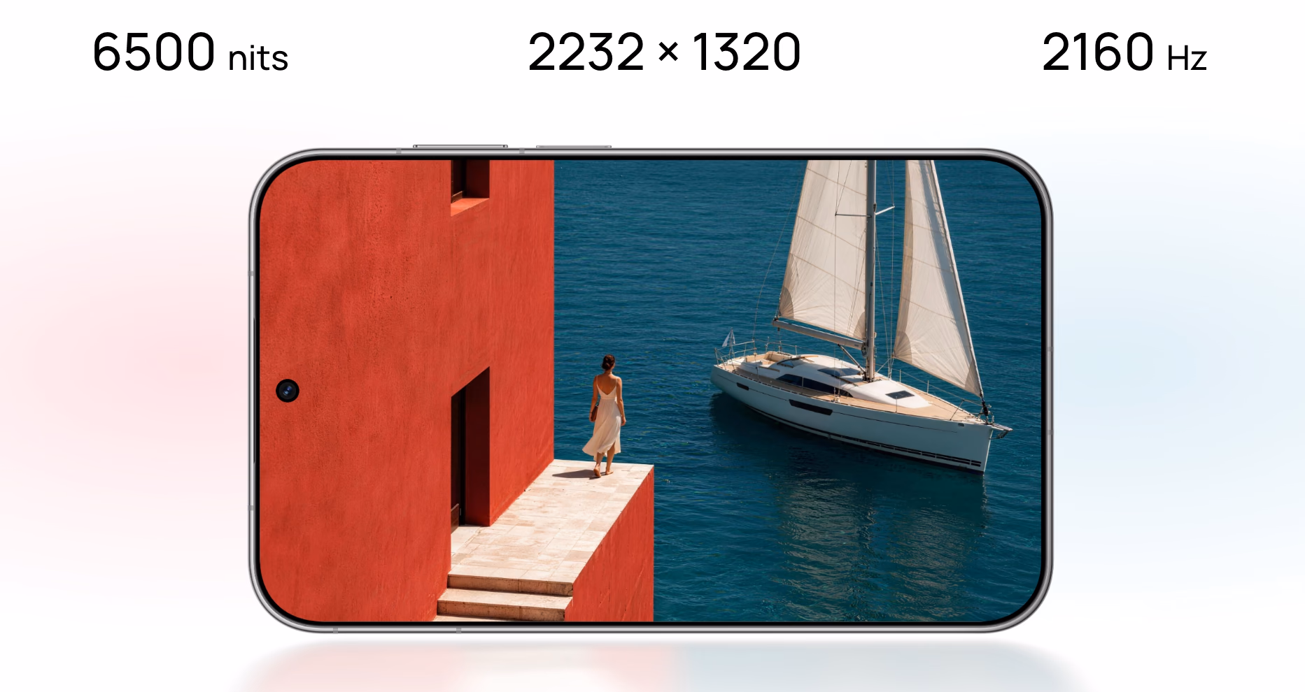 Pura X View in landscape orientation showing a photo of a red house by the sea with a sailboat