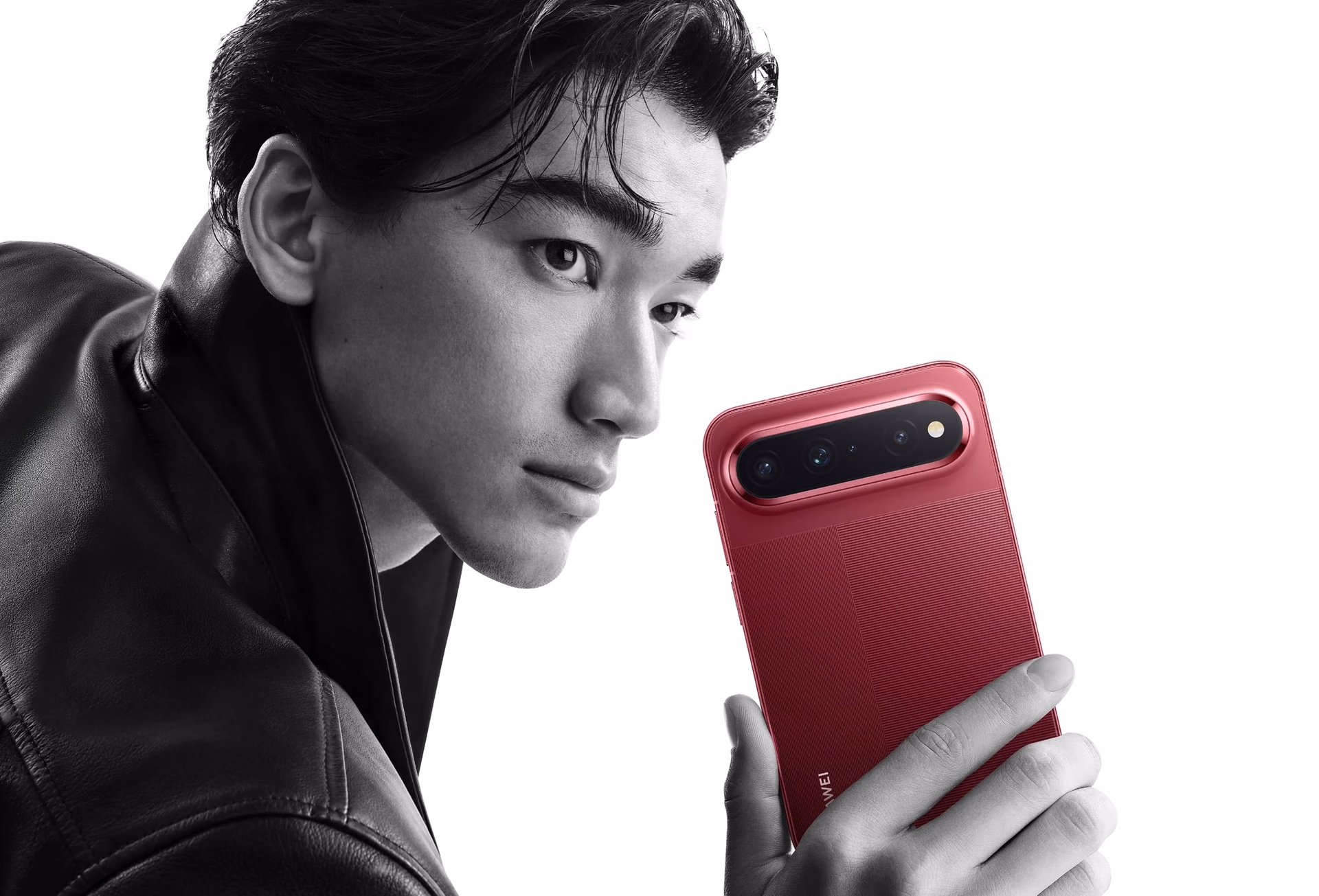 Model holding the Pura X View in red from behind, wearing a leather jacket