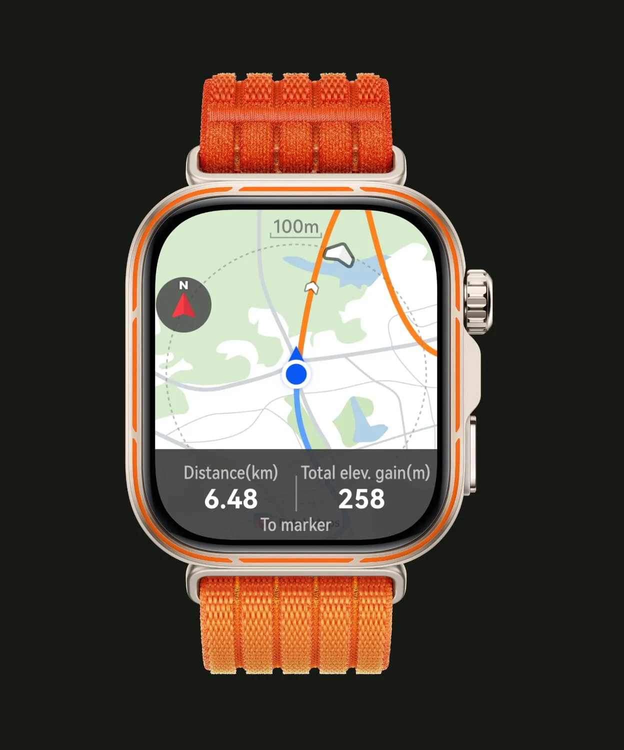 Pantalla de rutas del Huawei Watch Fit 5 Pro con distancia restante, tiempo y hora estimada de llegada.