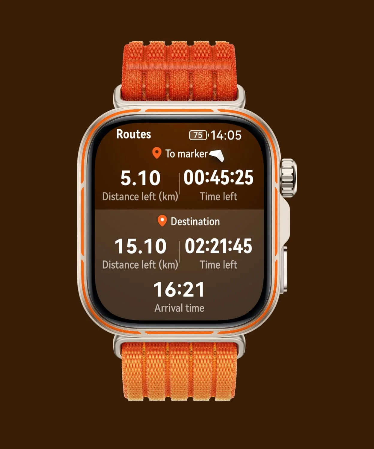 Mapa de trail running con distancia y elevación en el Huawei Watch Fit 5 Pro con posicionamiento Sunflower.