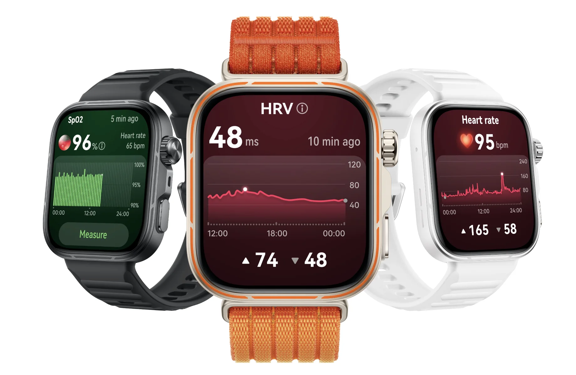 Tres Huawei Watch Fit 5 Pro mostrando mediciones de SpO2, variabilidad cardíaca y frecuencia cardíaca.