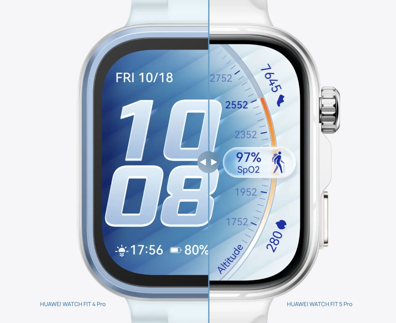 Comparación de pantalla entre el Huawei Watch Fit 4 Pro y el Fit 5 Pro, con el marco más fino en el modelo nuevo.