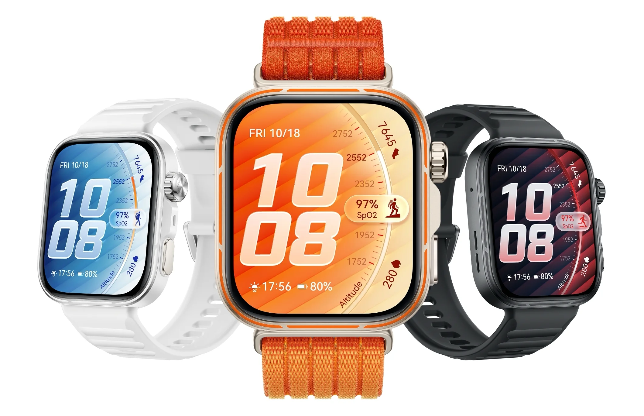 Los tres colores del Huawei Watch Fit 5 Pro: blanco, naranja y negro, de frente.