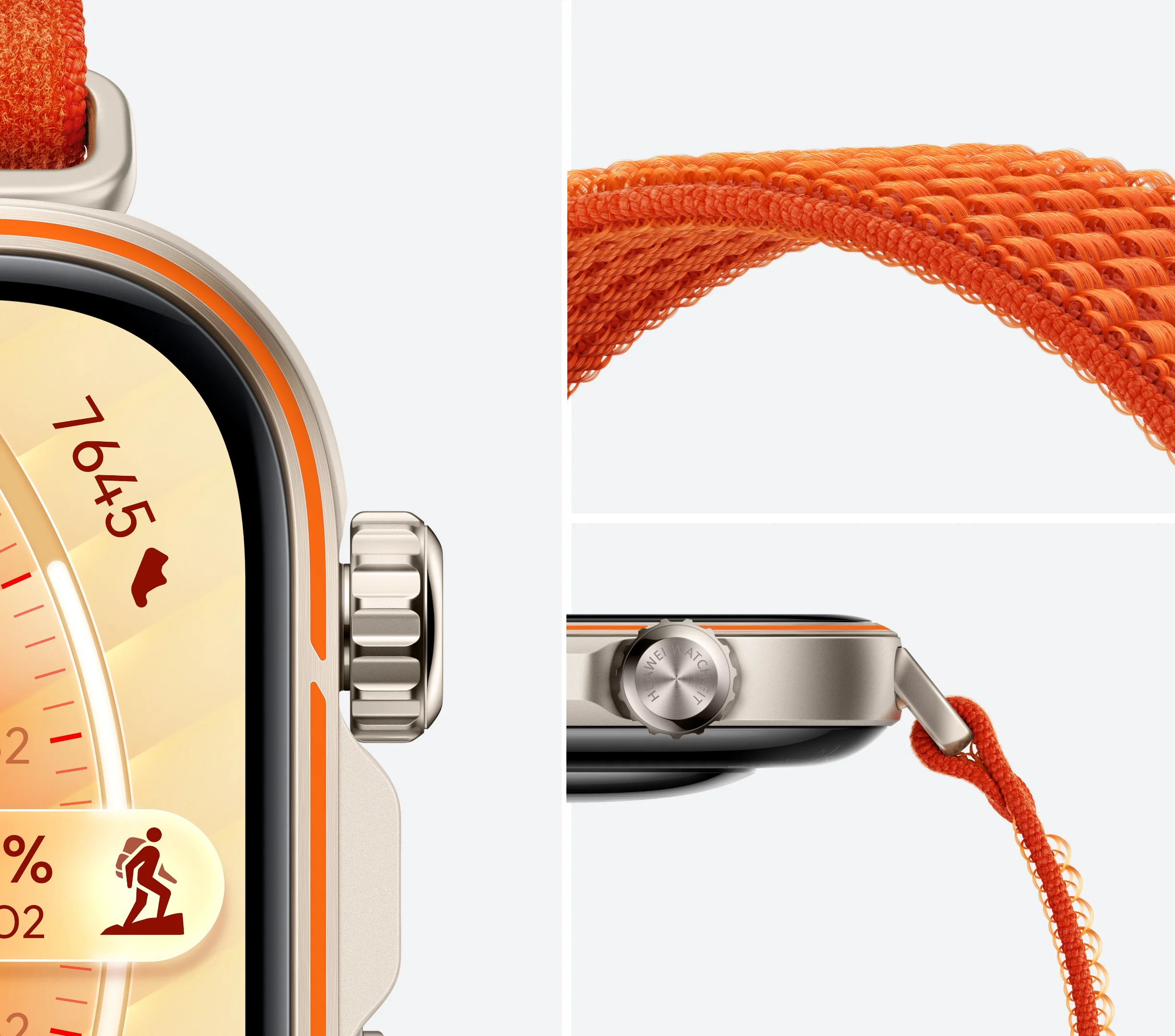 Primer plano de la corona giratoria y la correa tejida del Huawei Watch Fit 5 Pro.