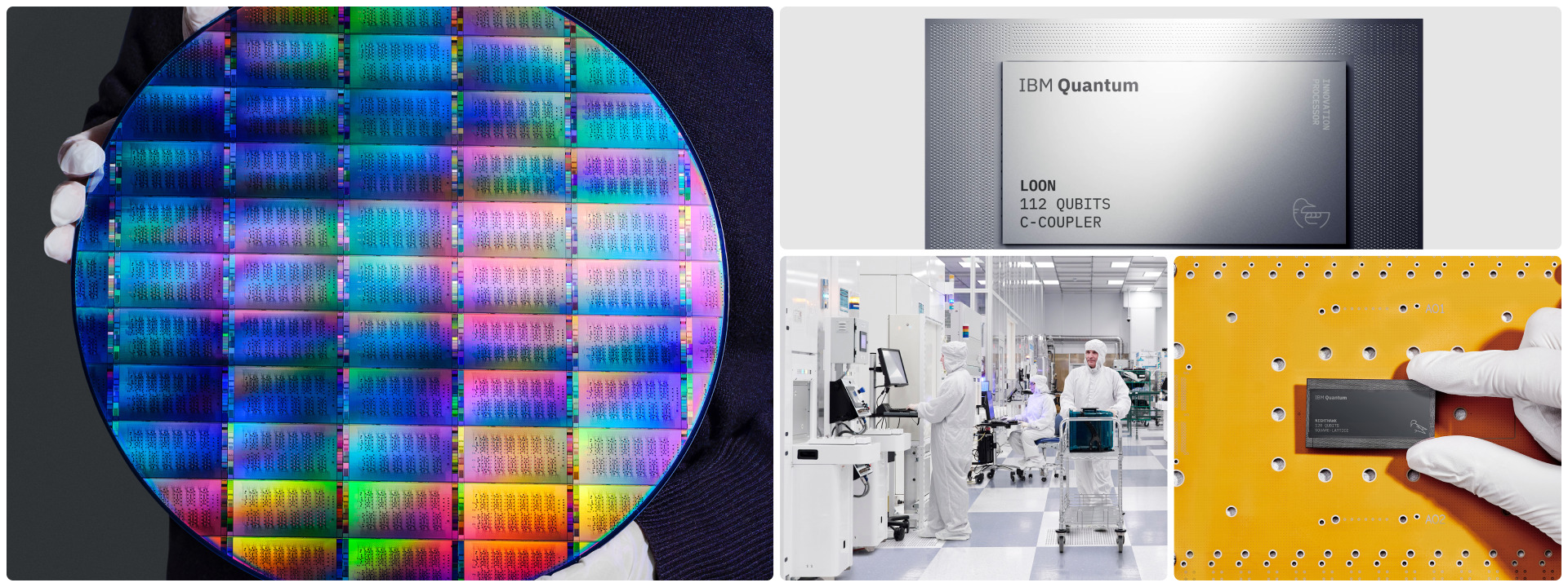 Composición de IBM Quantum con una oblea cuántica, el chip Loon, una sala limpia de fabricación y un procesador Nighthawk montado.