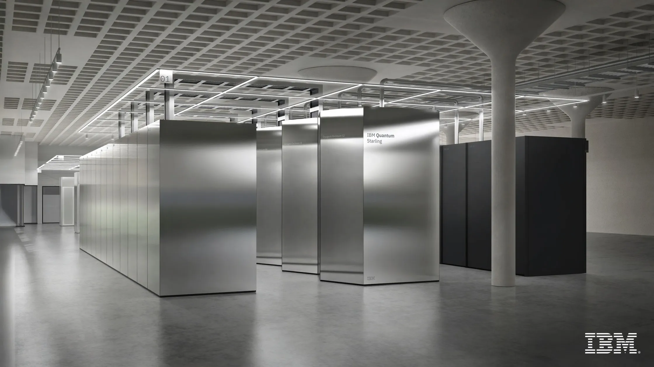 Render del centro de datos donde IBM construirá la computadora cuántica Starling, con gabinetes plateados en una sala amplia.