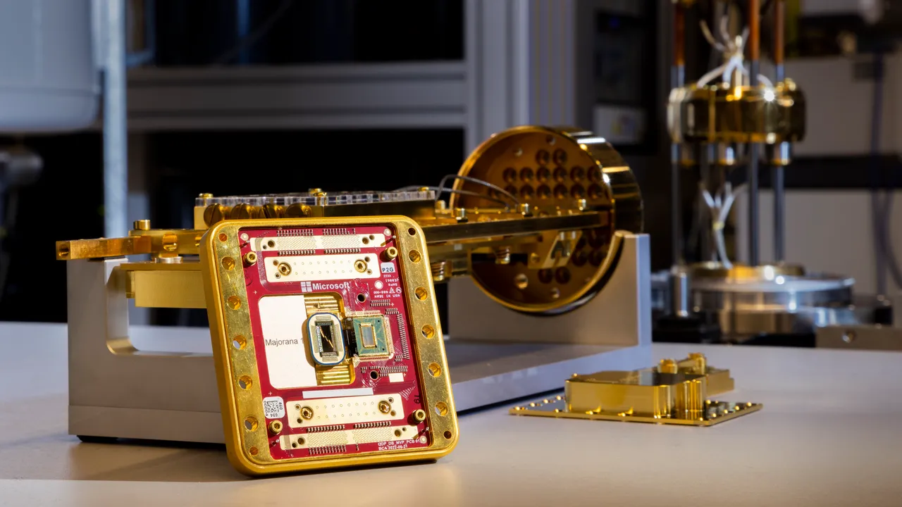 El chip cuántico Majorana 1 de Microsoft montado sobre una placa dorada en un laboratorio.