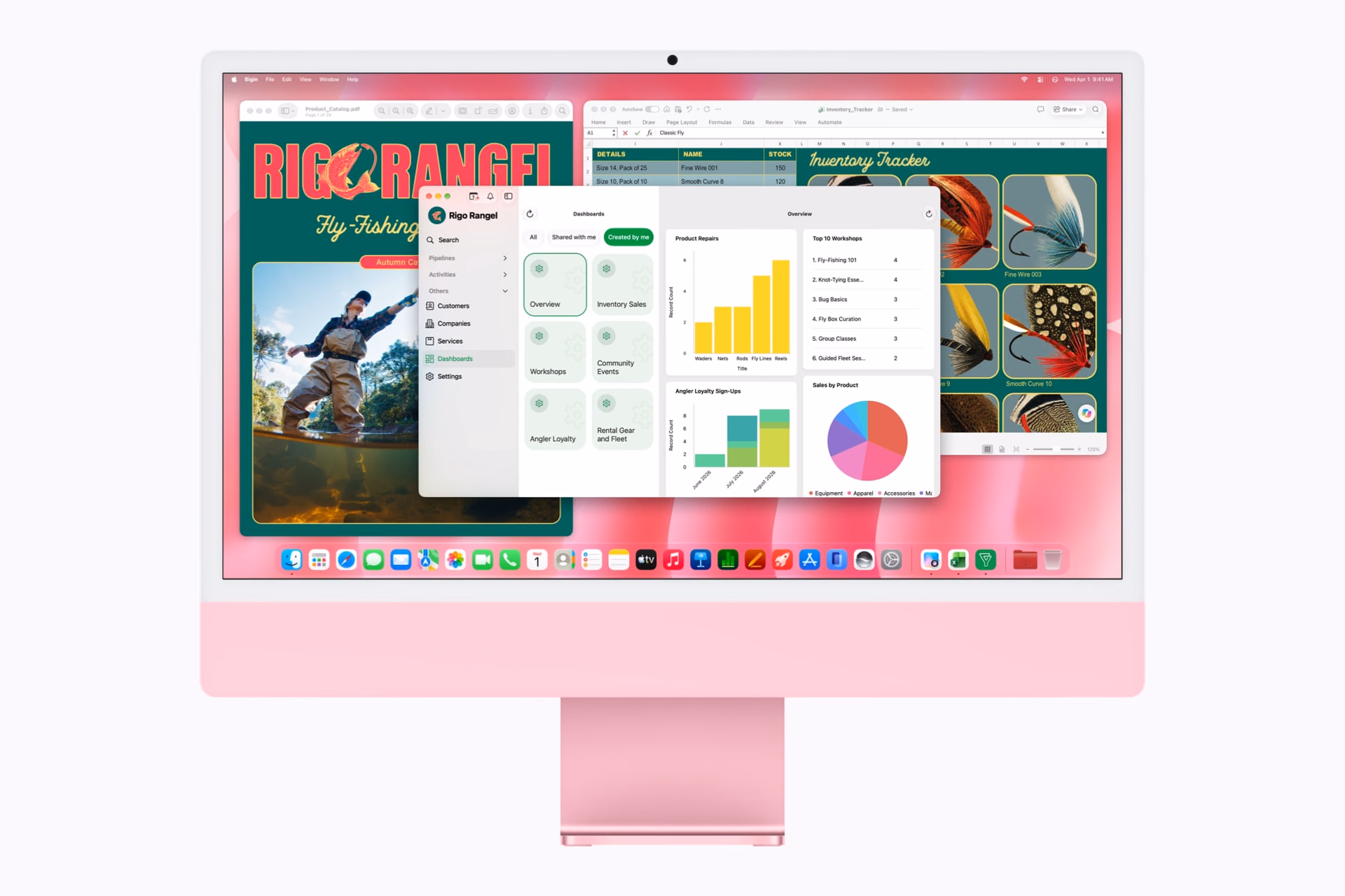 Business dashboard and Excel charts on a pink iMac