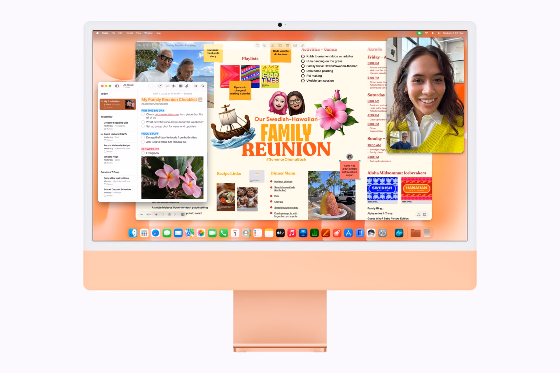 Freeform, Notes, and FaceTime on an orange iMac