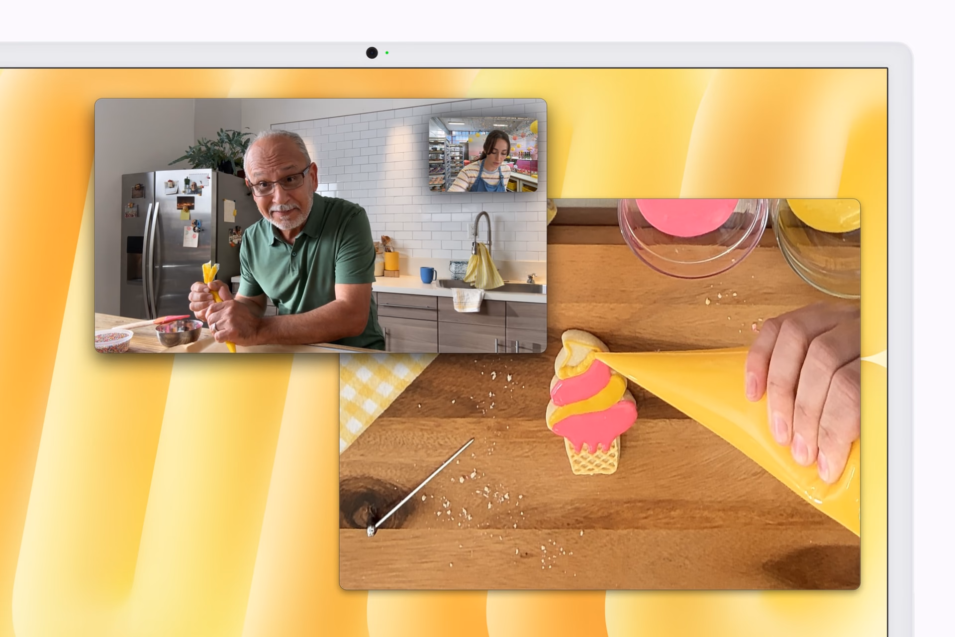 Video call and overhead view of a decorated cookie