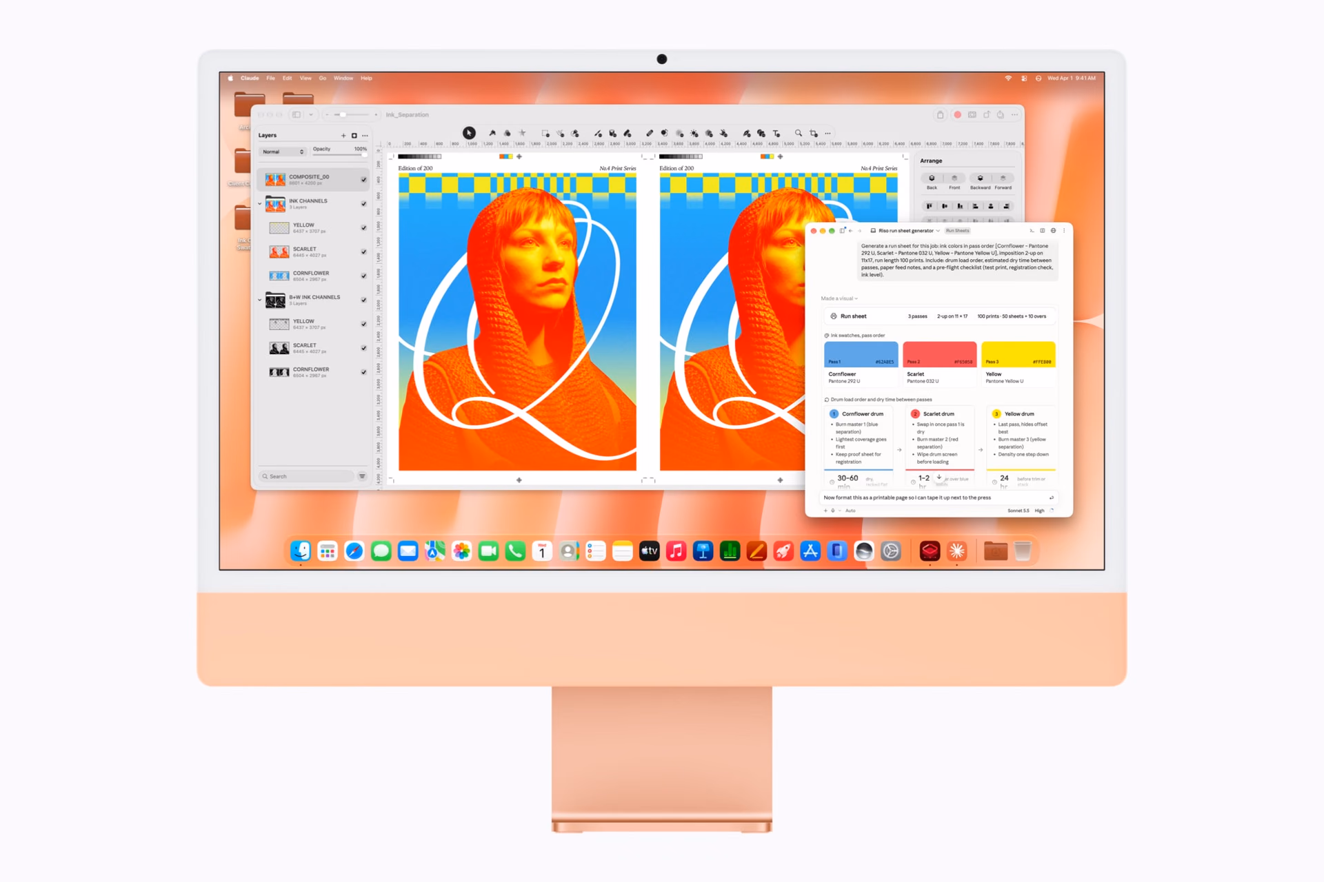 Pixelmator Pro and Claude open on an orange iMac