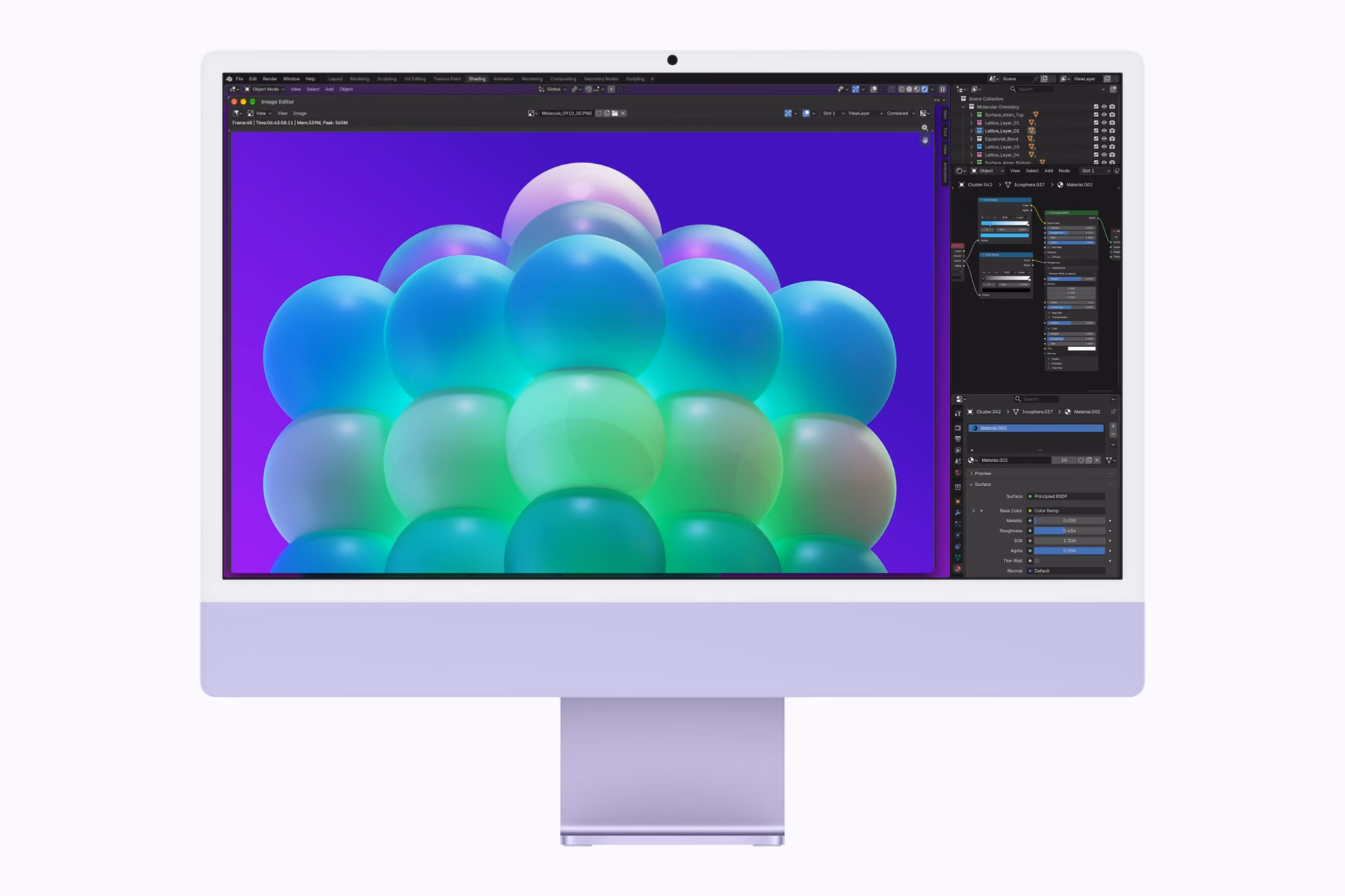 Three-dimensional scene of spheres in Blender on a purple iMac