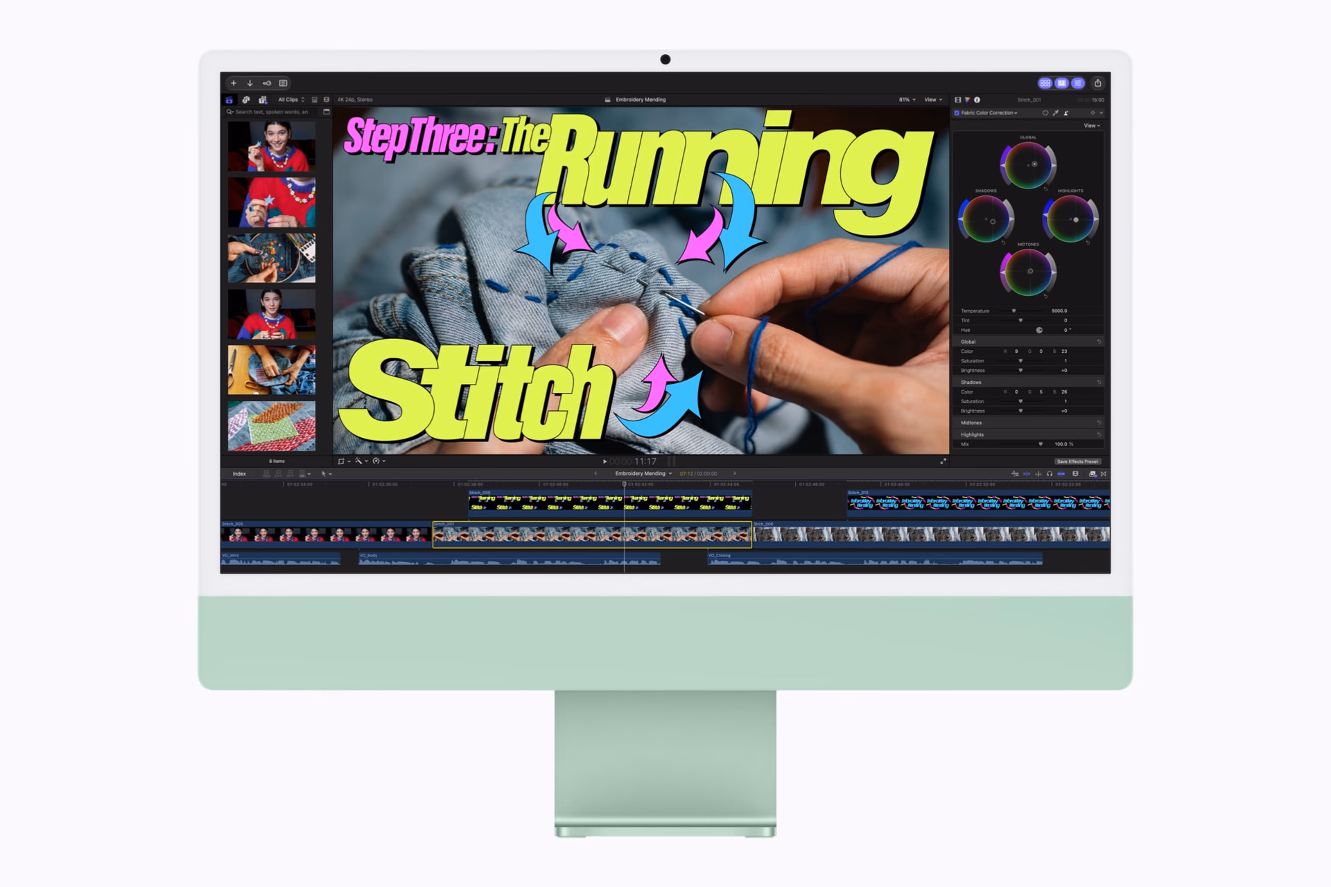 Video project with titles on a green iMac
