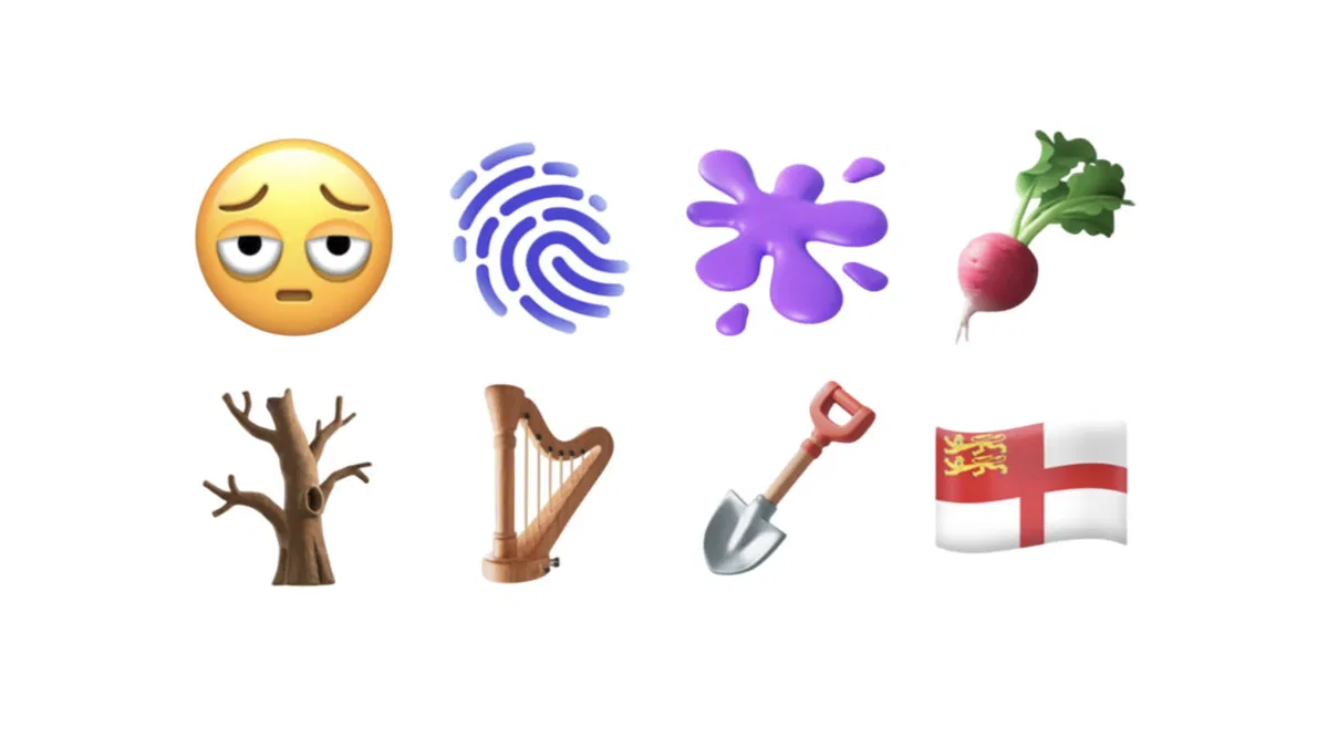 Grid with eight of the new official emojis: an exhausted face with dark circles under the eyes, a fingerprint, a purple splatter, a radish, a leafless tree, a harp, a shovel, and a flag (Sark).