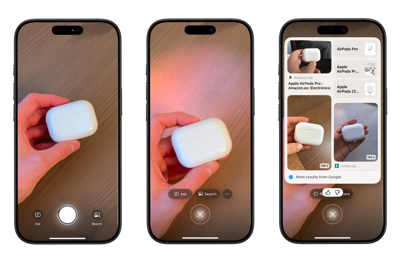 Sequence of three screens using Visual Intelligence (Camera Control): the user points the camera at an AirPods case, presses to scan, and the interface automatically displays web results to buy the product.