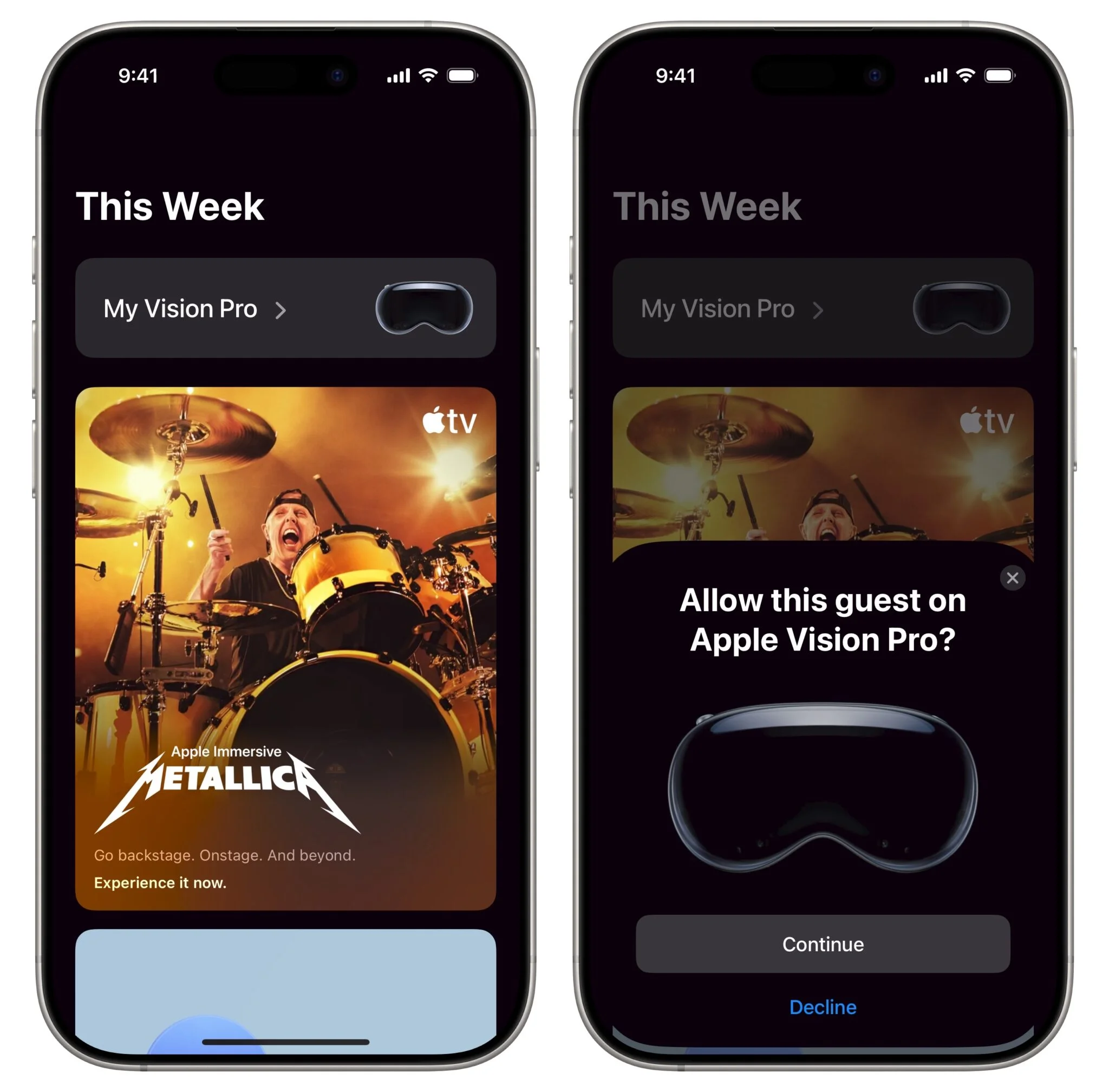 Two iPhone screenshots interacting with the Vision Pro. The first shows an app with immersive content from a Metallica concert, and the second shows an alert asking 'Allow this guest on Apple Vision Pro?'.