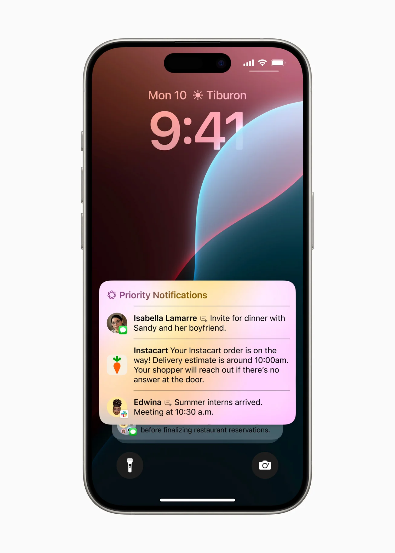 iPhone Lock Screen highlighting a grouped 'Priority Notifications' card, where Apple Intelligence summarizes the most important information from different apps such as Messages and Instacart.