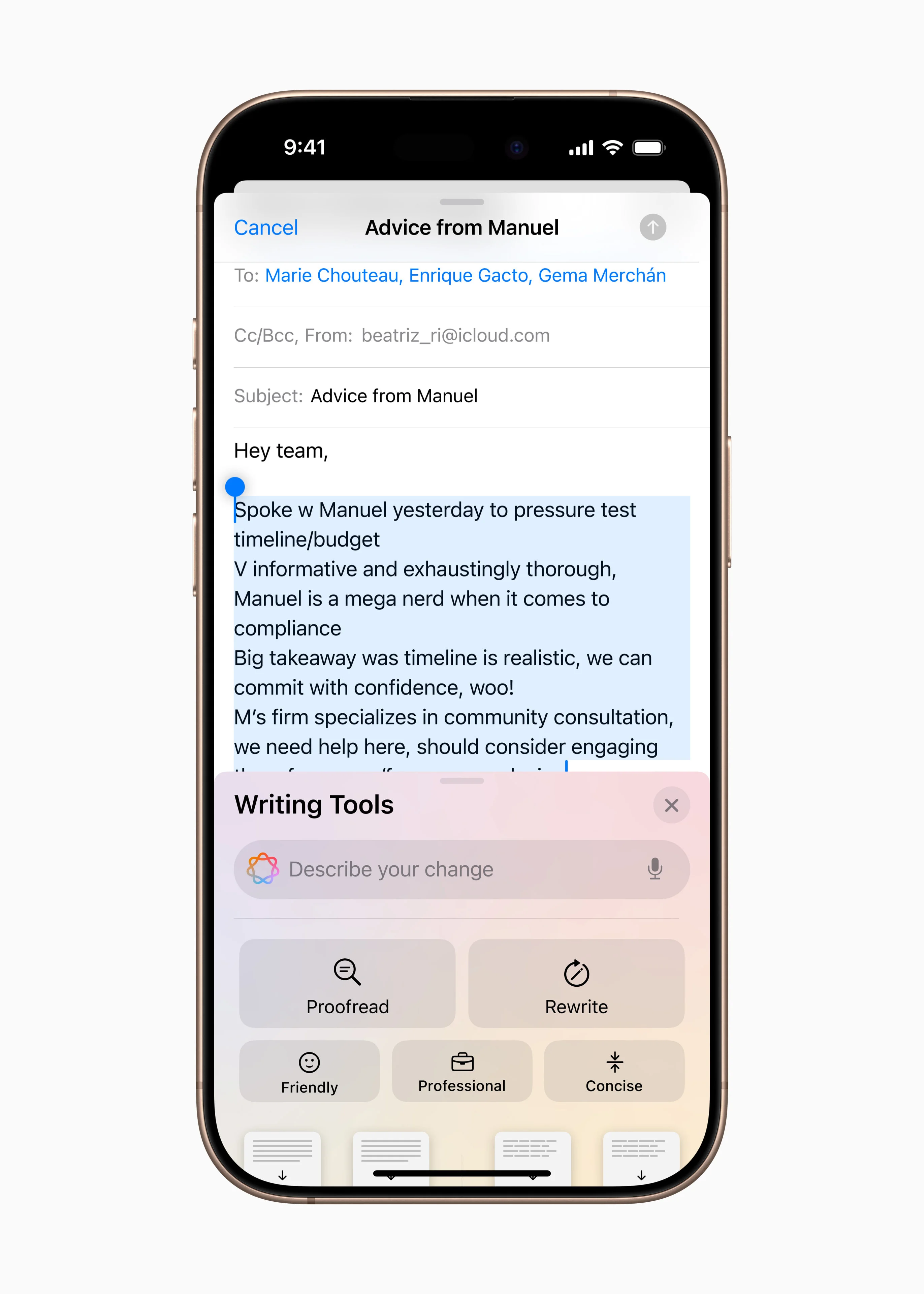 Interface of an email draft on iPhone with the 'Writing Tools' menu expanded. It shows Apple Intelligence shortcuts for checking grammar, rewriting, or adjusting the tone of the text to friendly, professional, or concise.