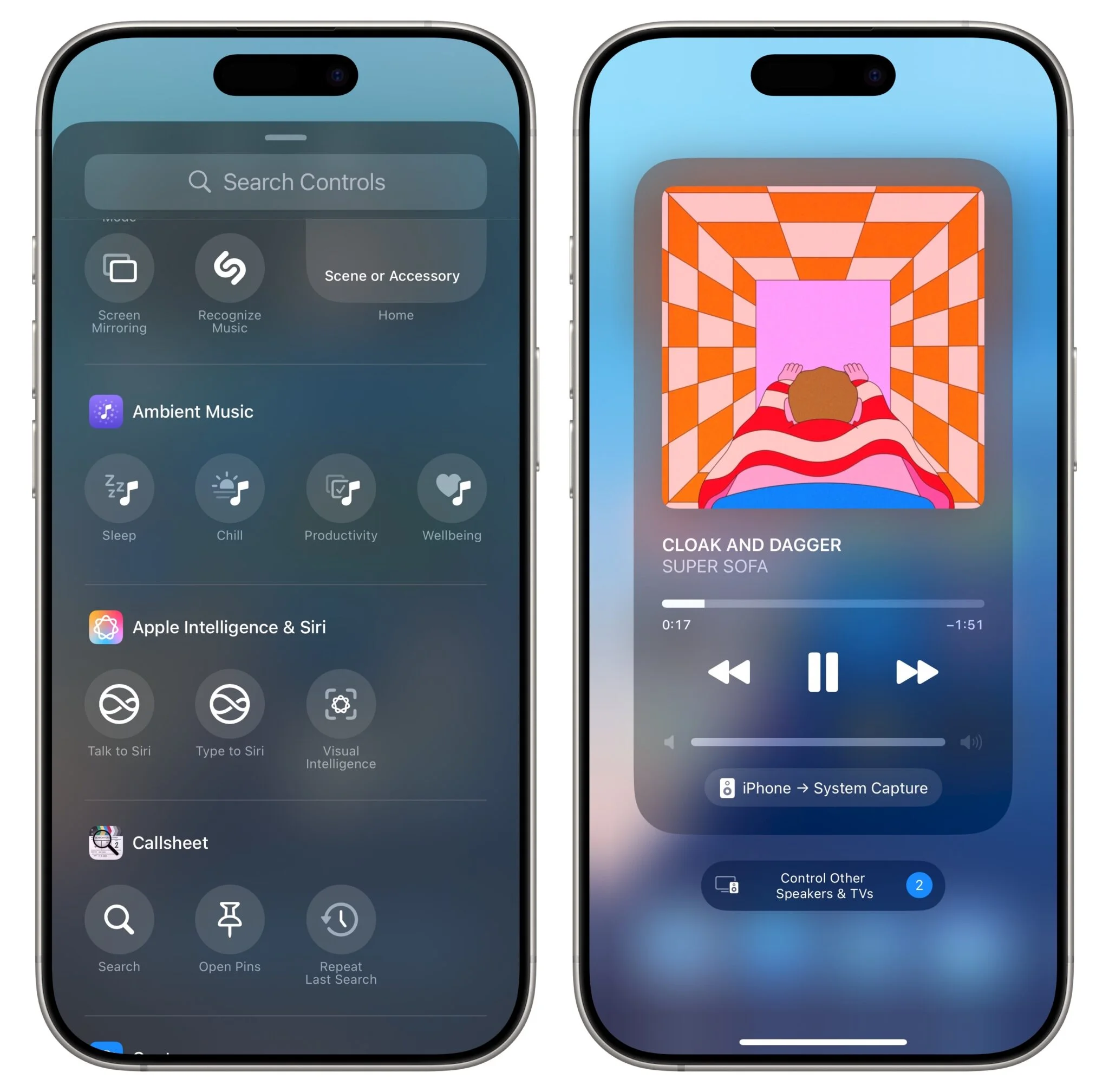 Two iPhone screens. The left shows Control Center with a new 'Ambient Music' panel (with options for sleep, relaxation, focus, or well-being). The right shows the full-screen music player interface.