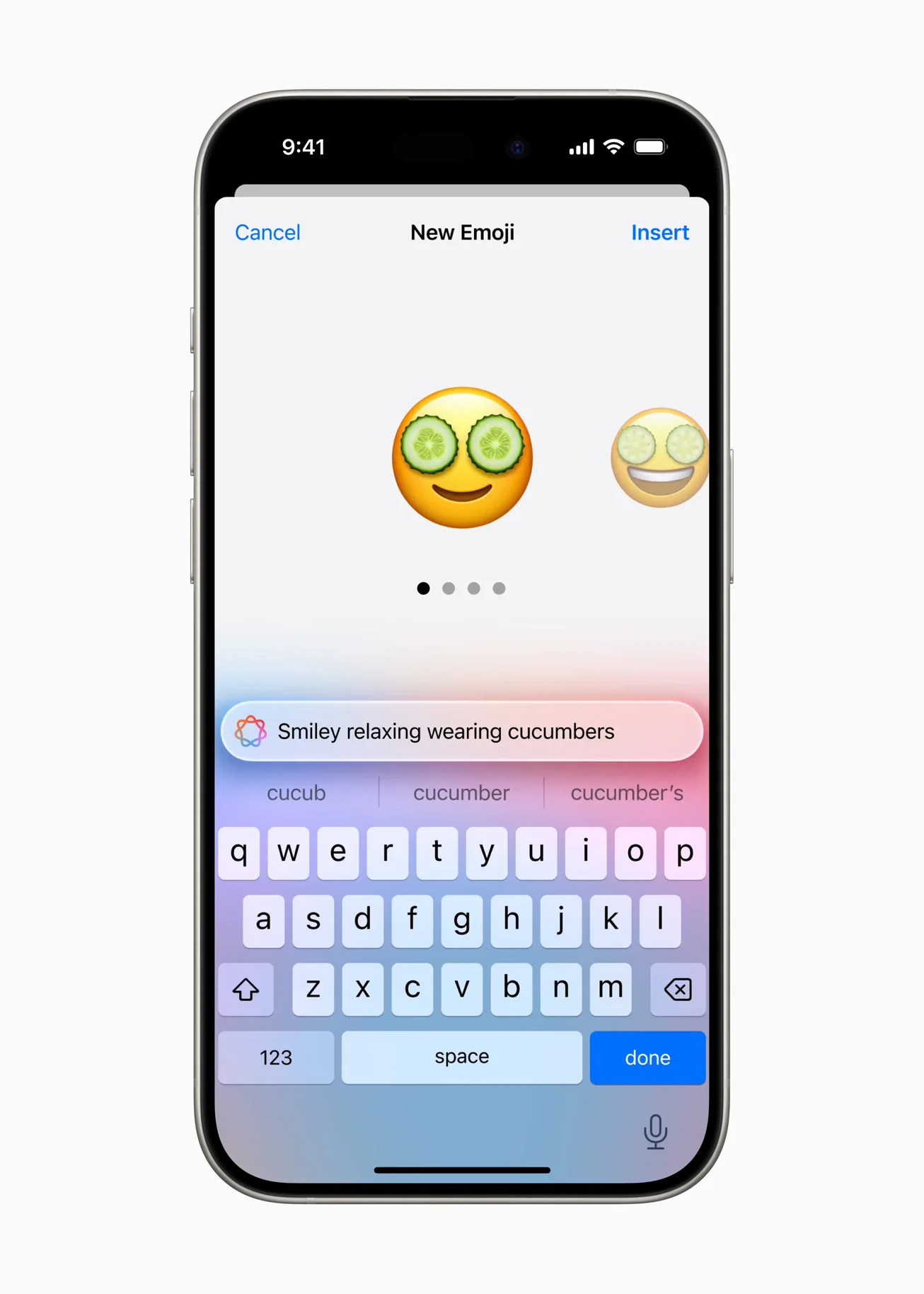 iPhone keyboard screen showing the Apple Intelligence Genmoji tool. Based on the text 'Smiley relaxing wearing cucumbers', the AI generates a custom emoji of a smiling face with cucumber slices over its eyes.